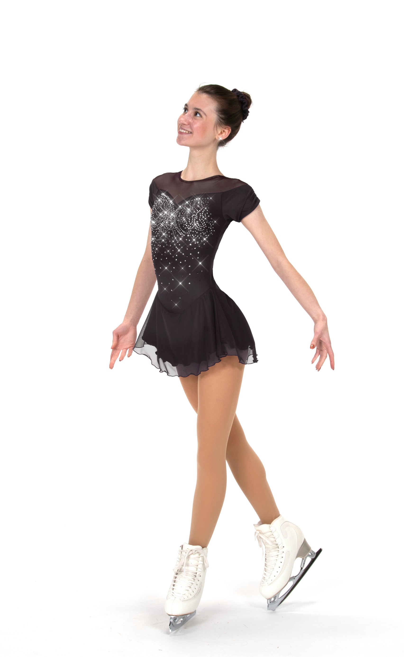 Black figure skate dress with shirred sleeves, front view