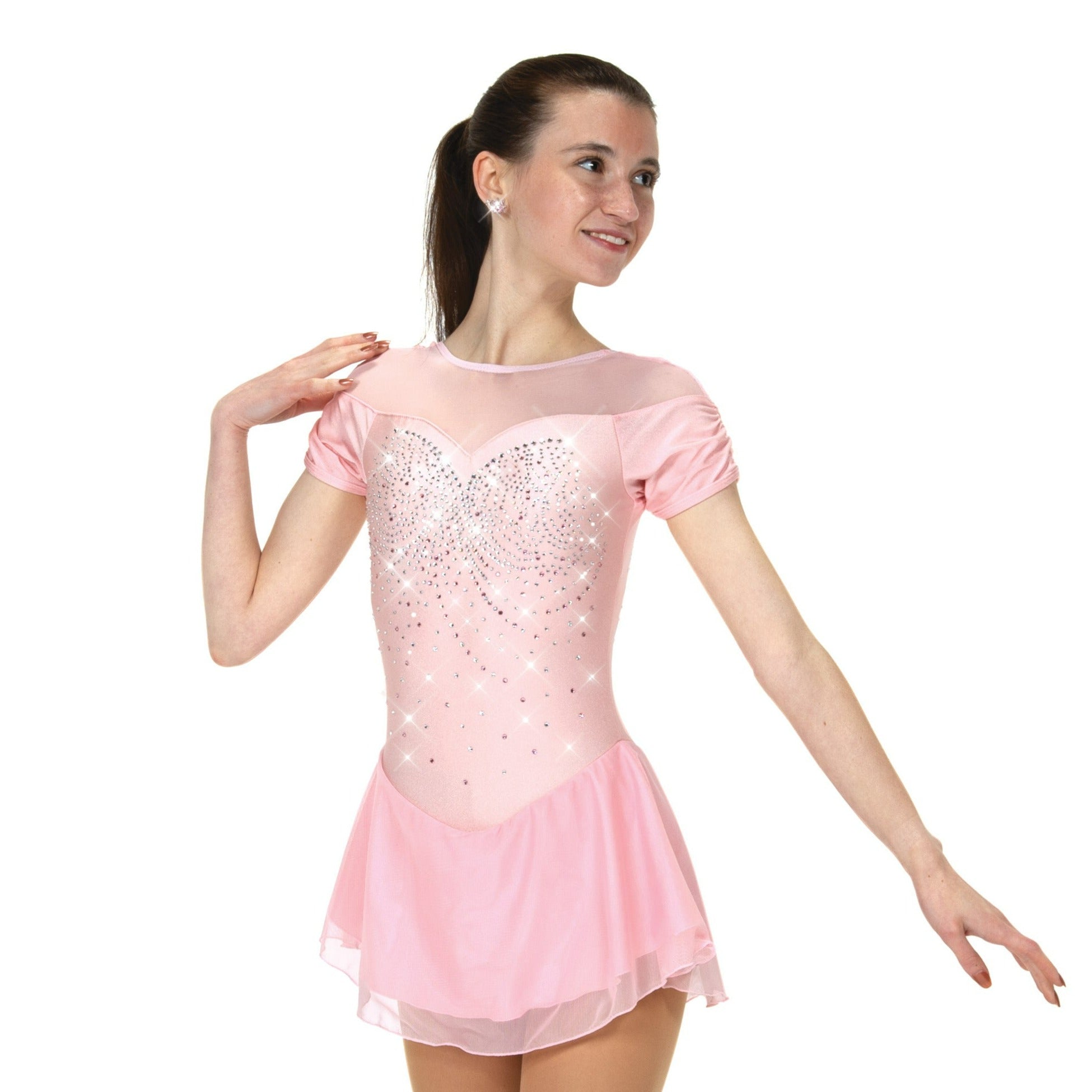 Ballet pink figure skate dress with shirred sleeves, front view