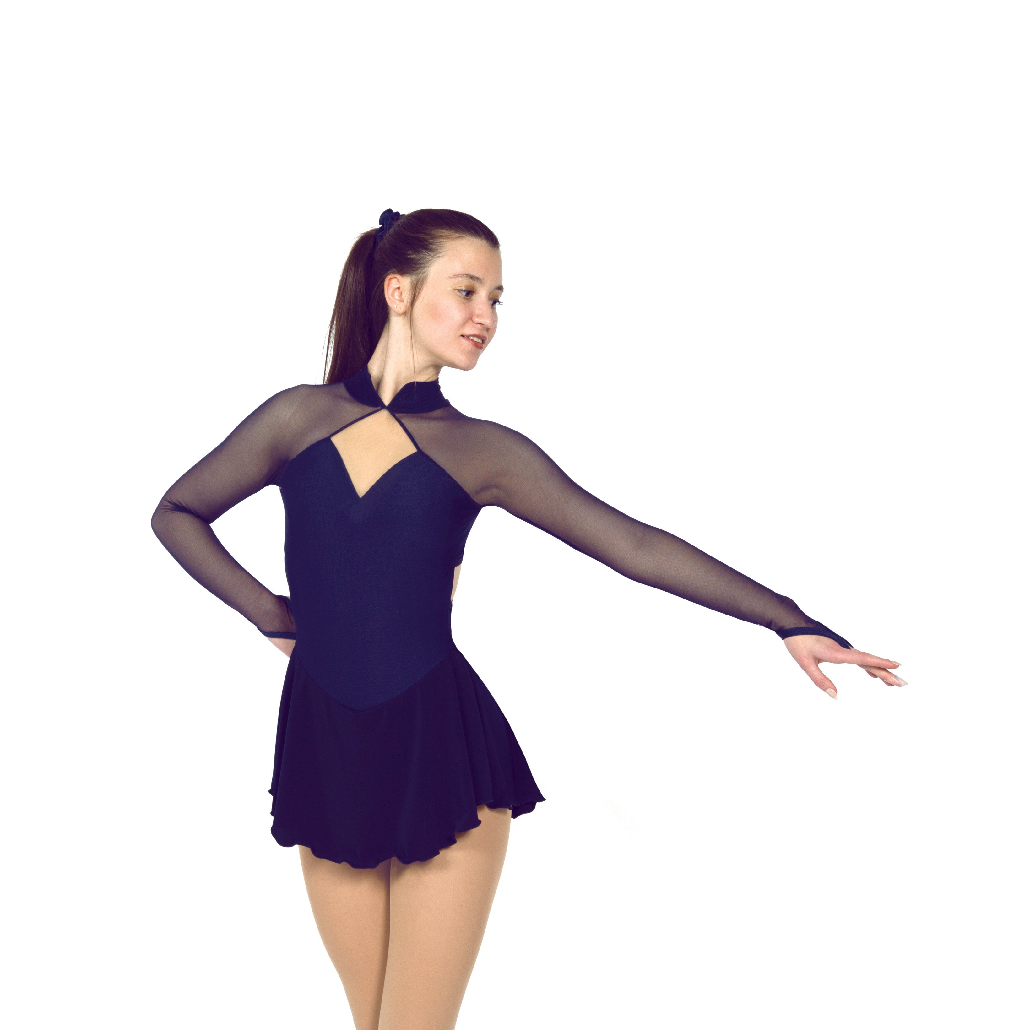 Navy figure skate dress with mesh sleeves, side view