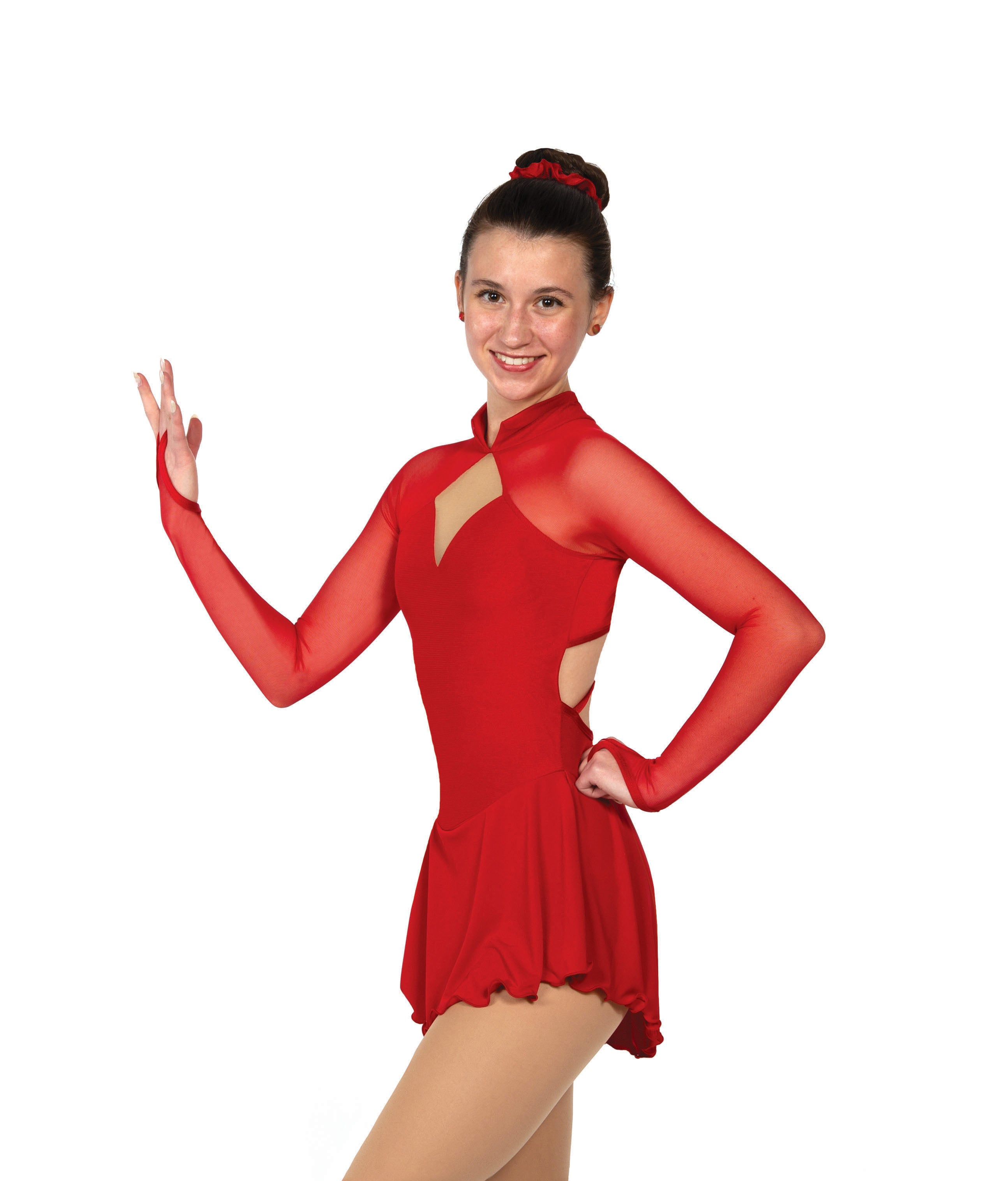 Red figure skate dress with high neck and mesh sleeves