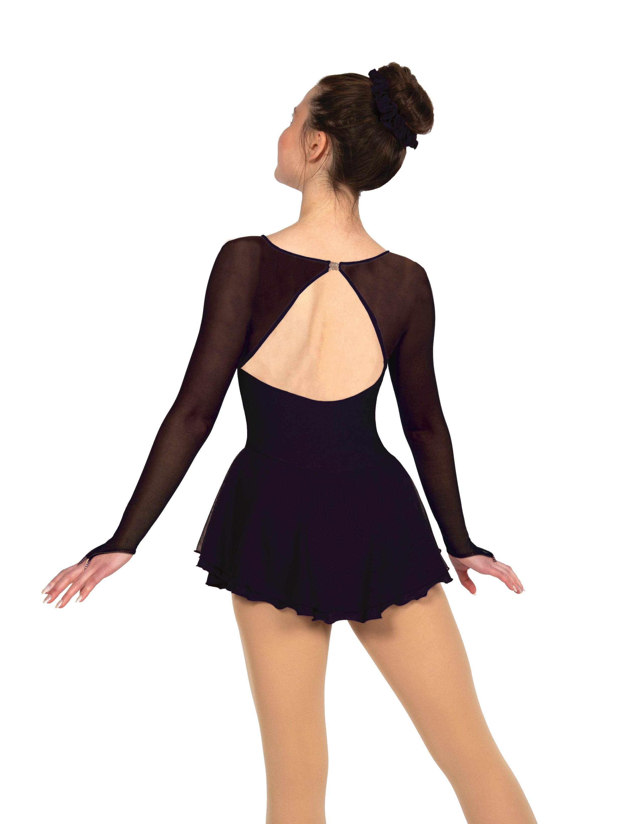 Back view of black figure skate dress with open back design