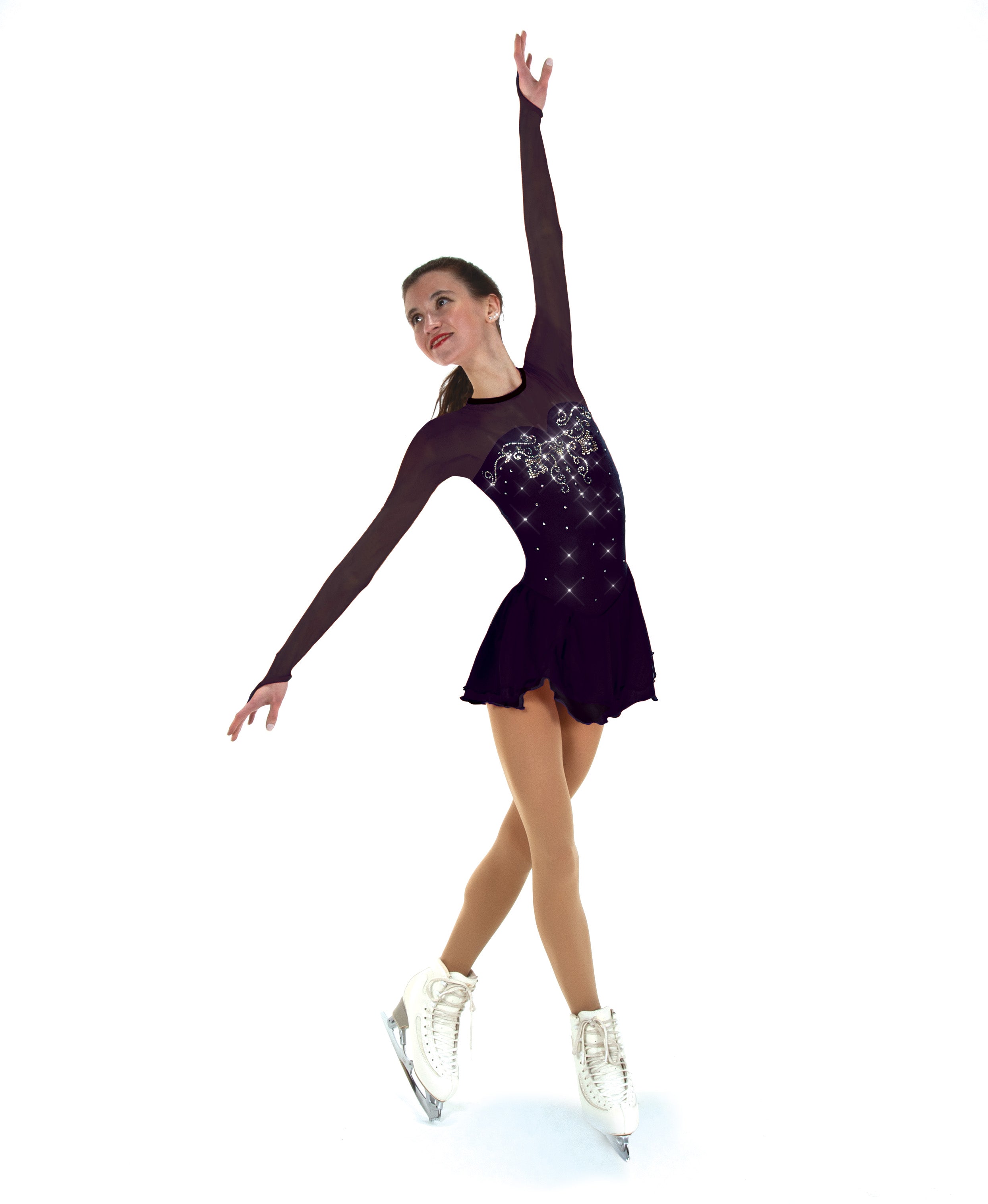Figure skater wearing black dress with sparkling details