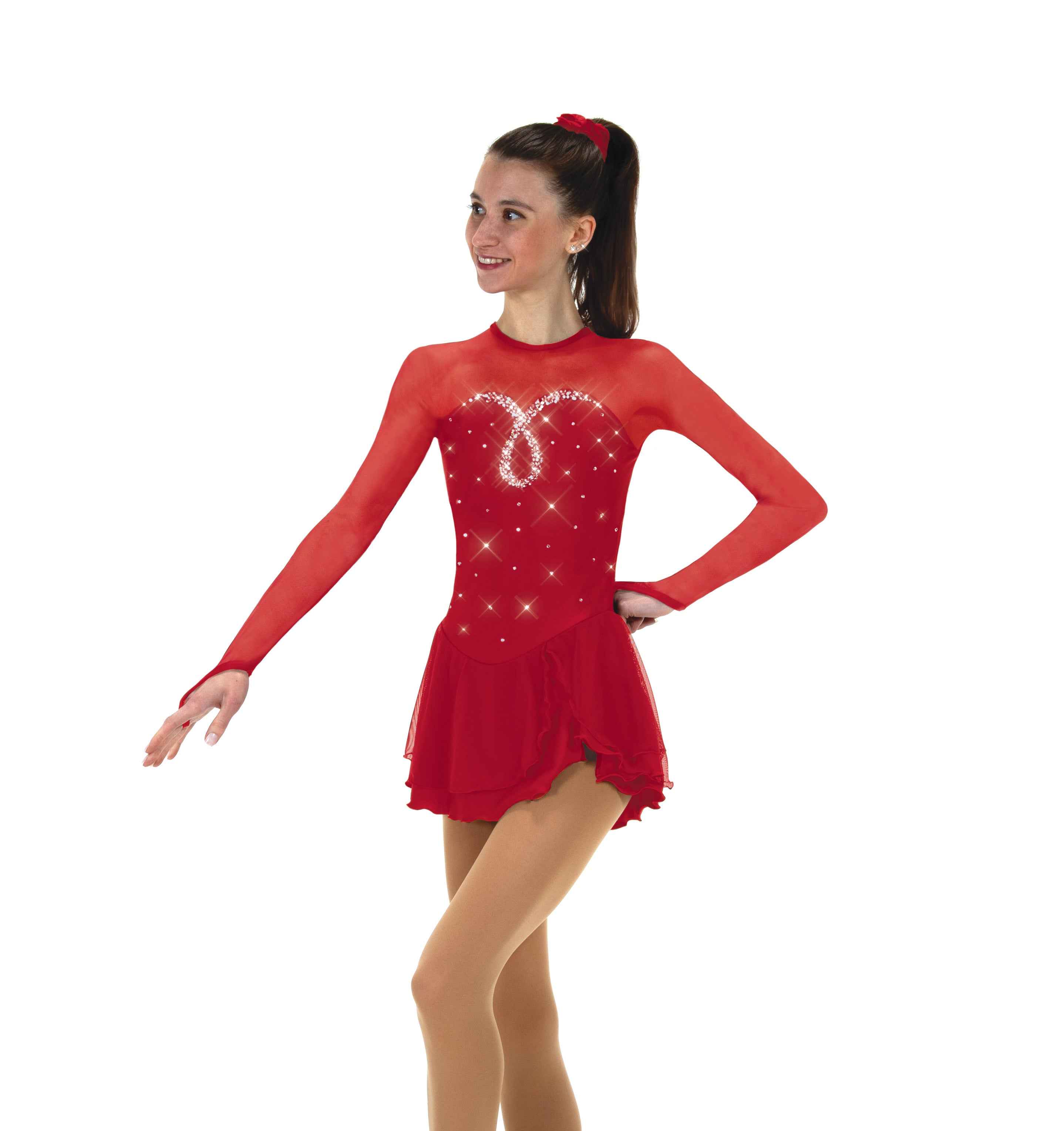 Front view of red figure skate dress with sweetheart design