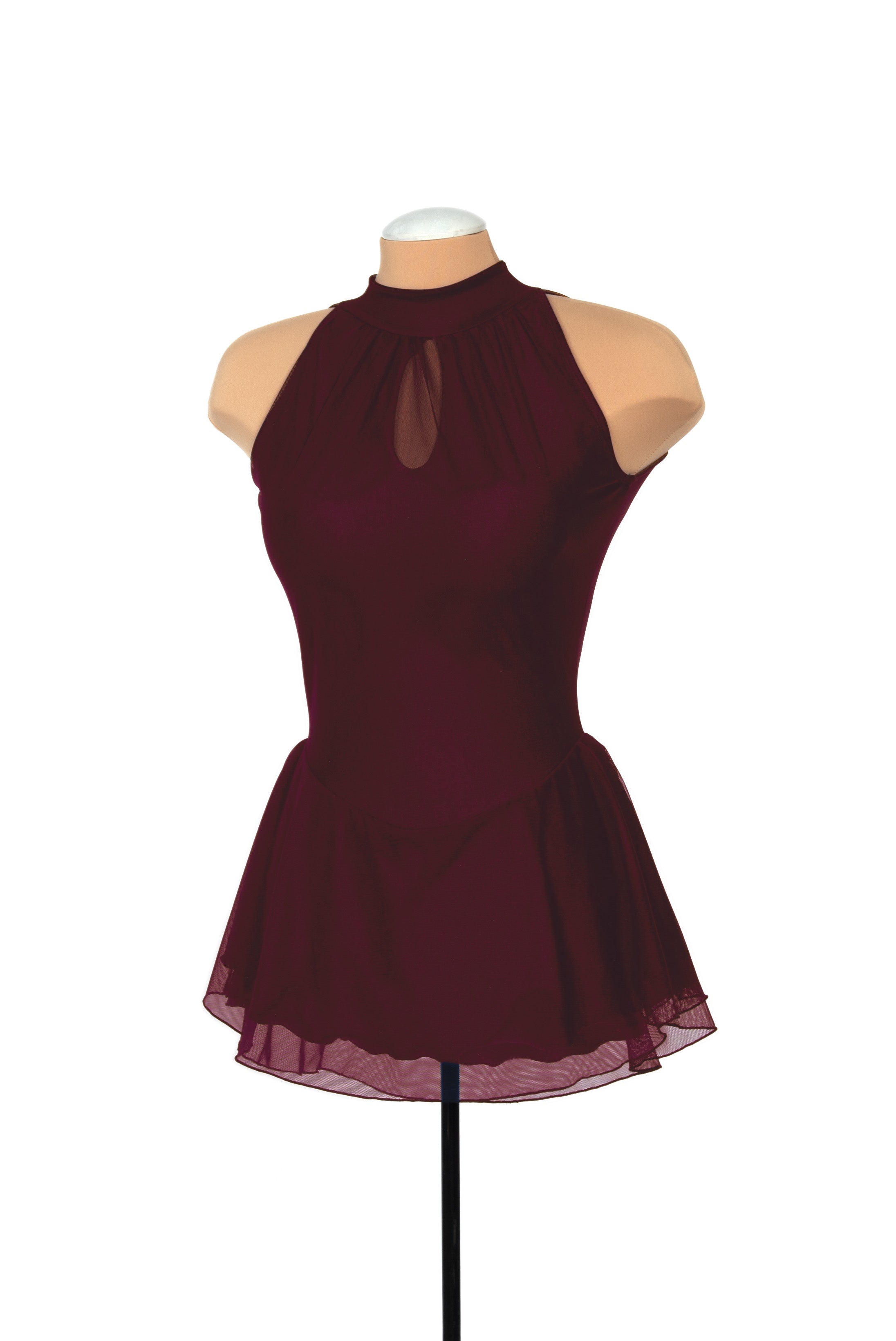 Wine figure skate dress on mannequin with mesh details