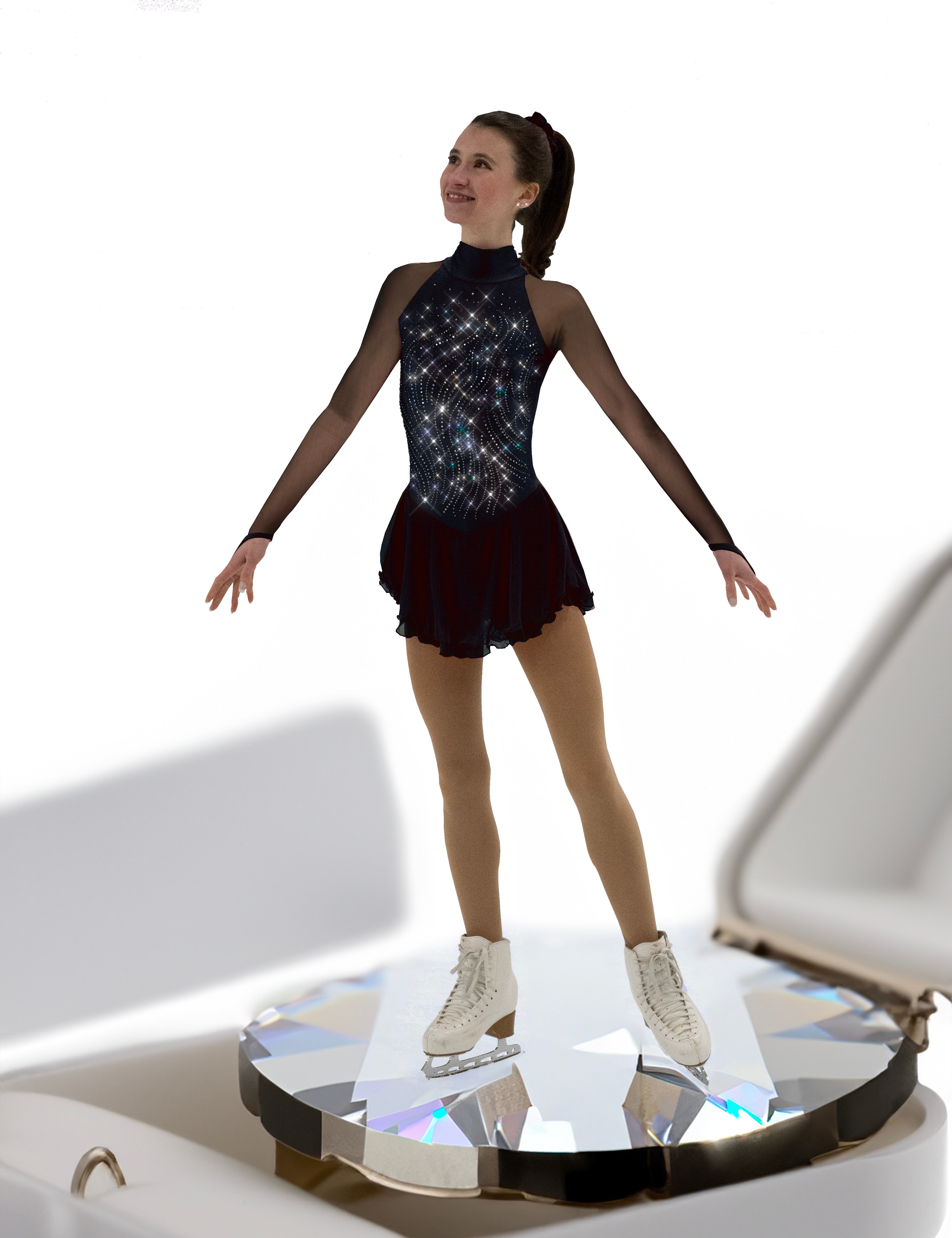 Figure skater in black dress on a large jewel platform
