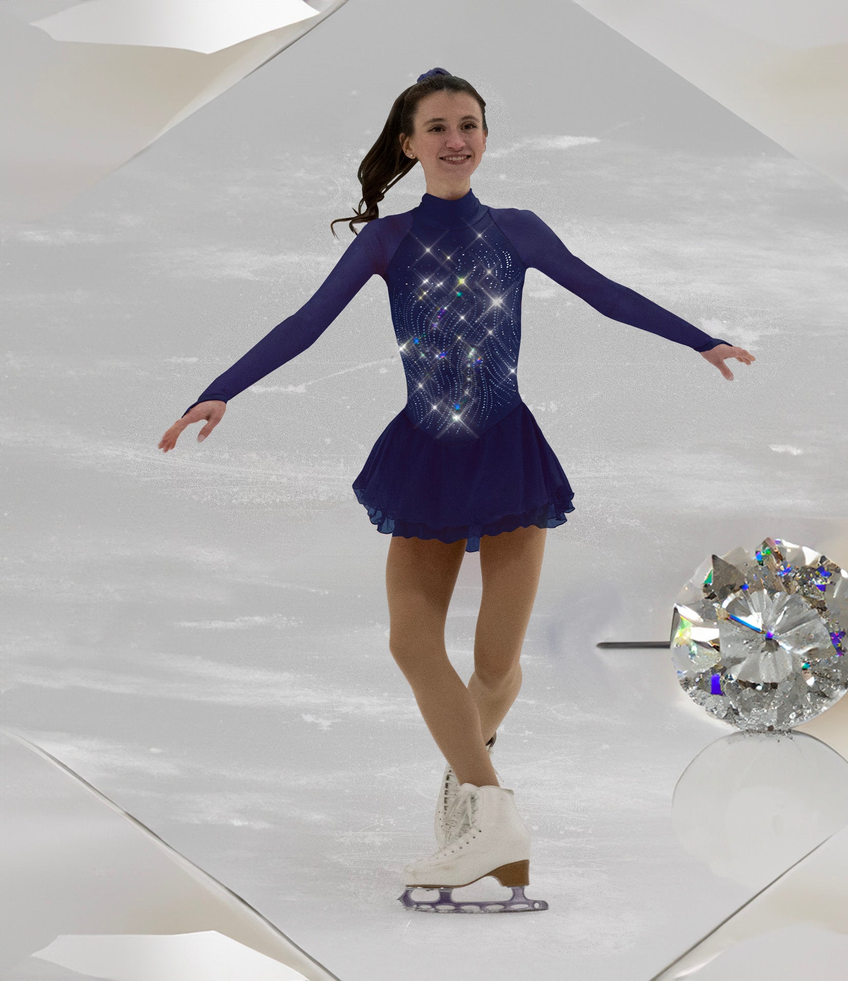 Navy figure skate dress in action on ice, sparkling design