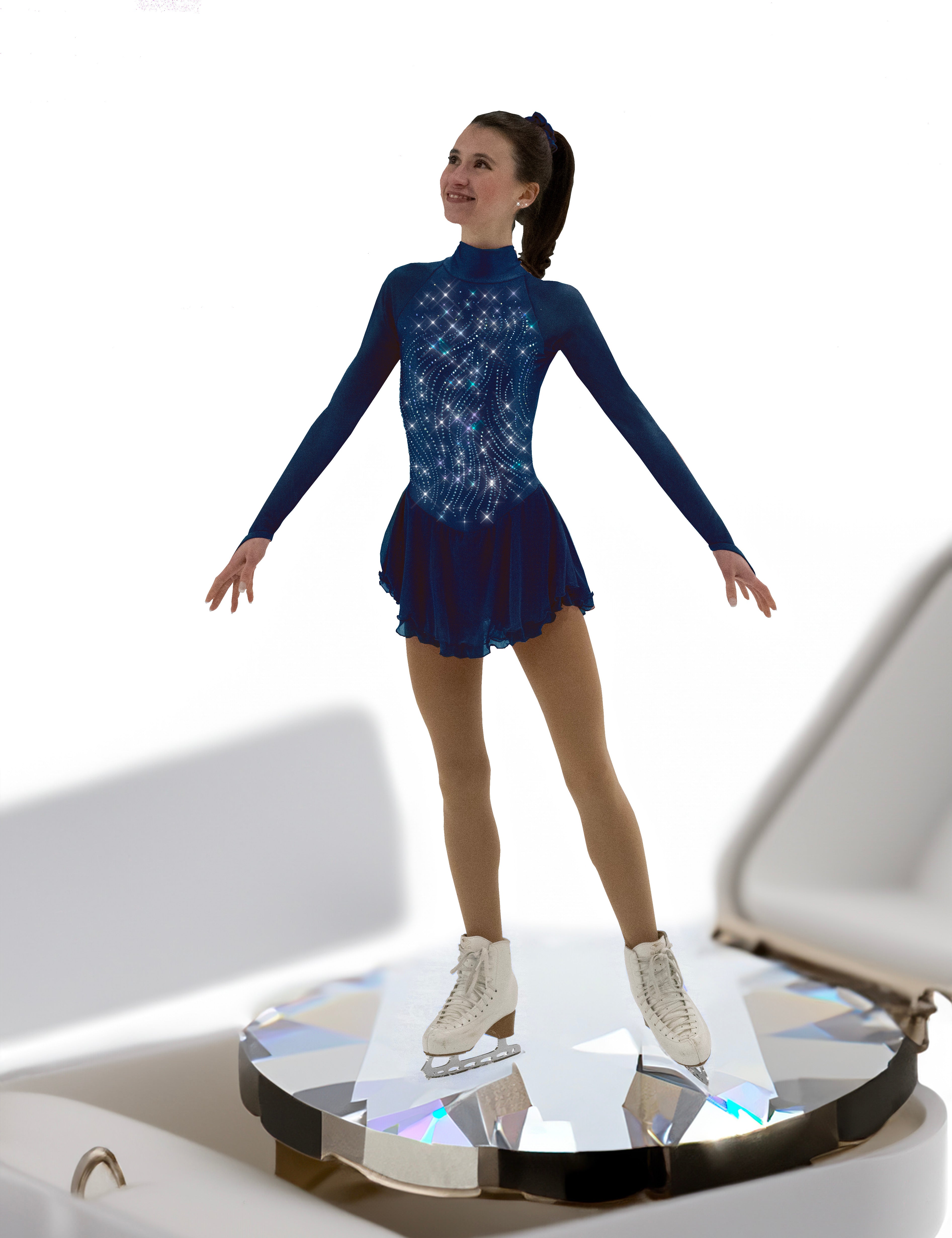 Navy figure skate dress on ice, standing on a crystal