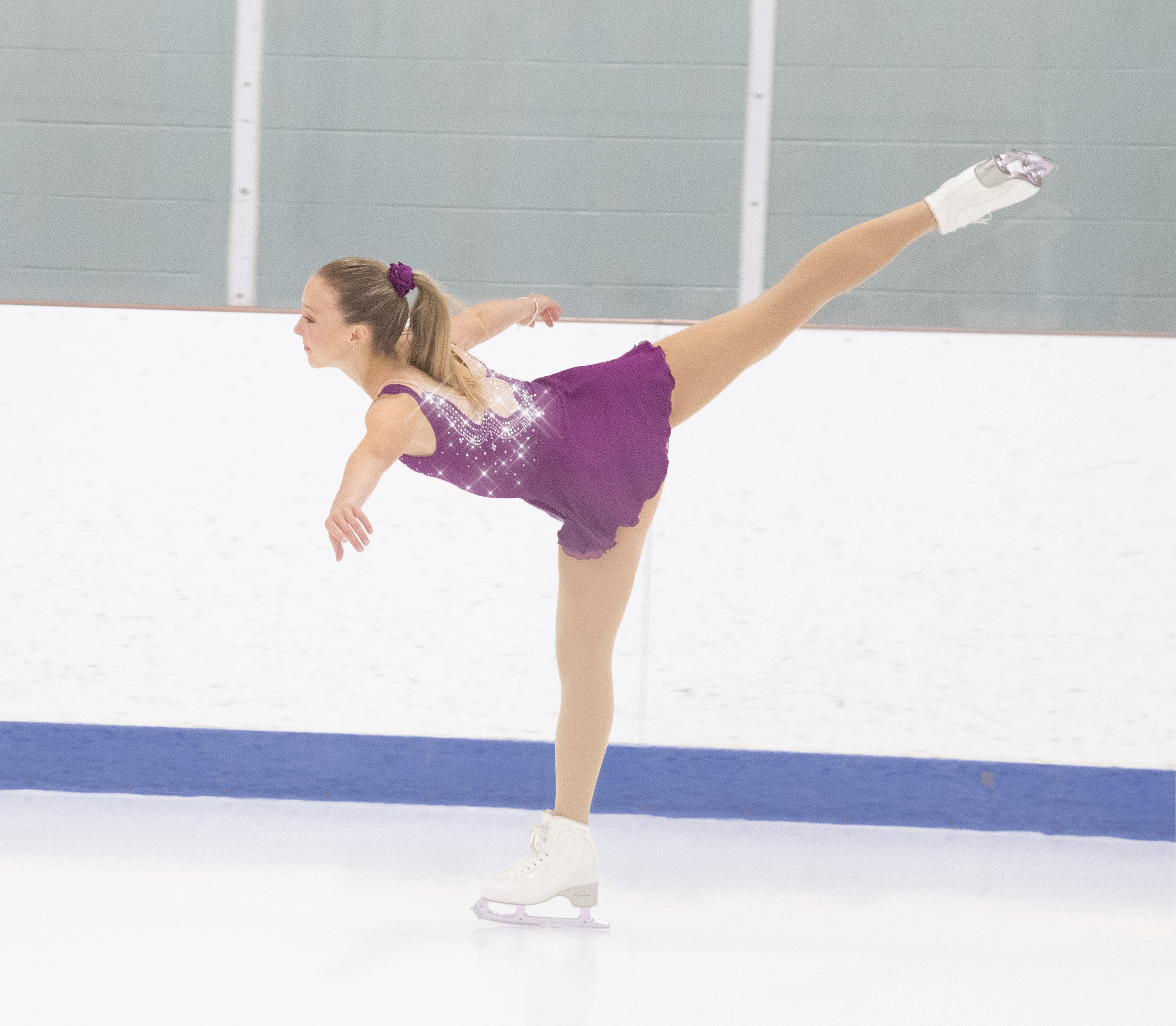 Skater performing in orchid figure skate dress