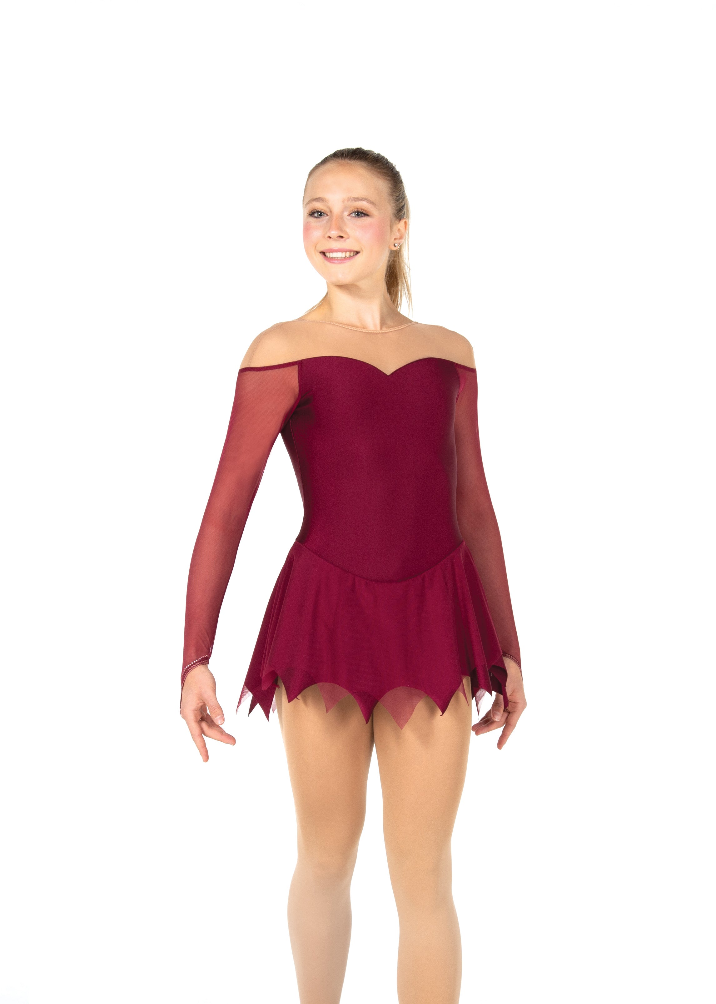 Front view of wine icicle hem figure skate dress