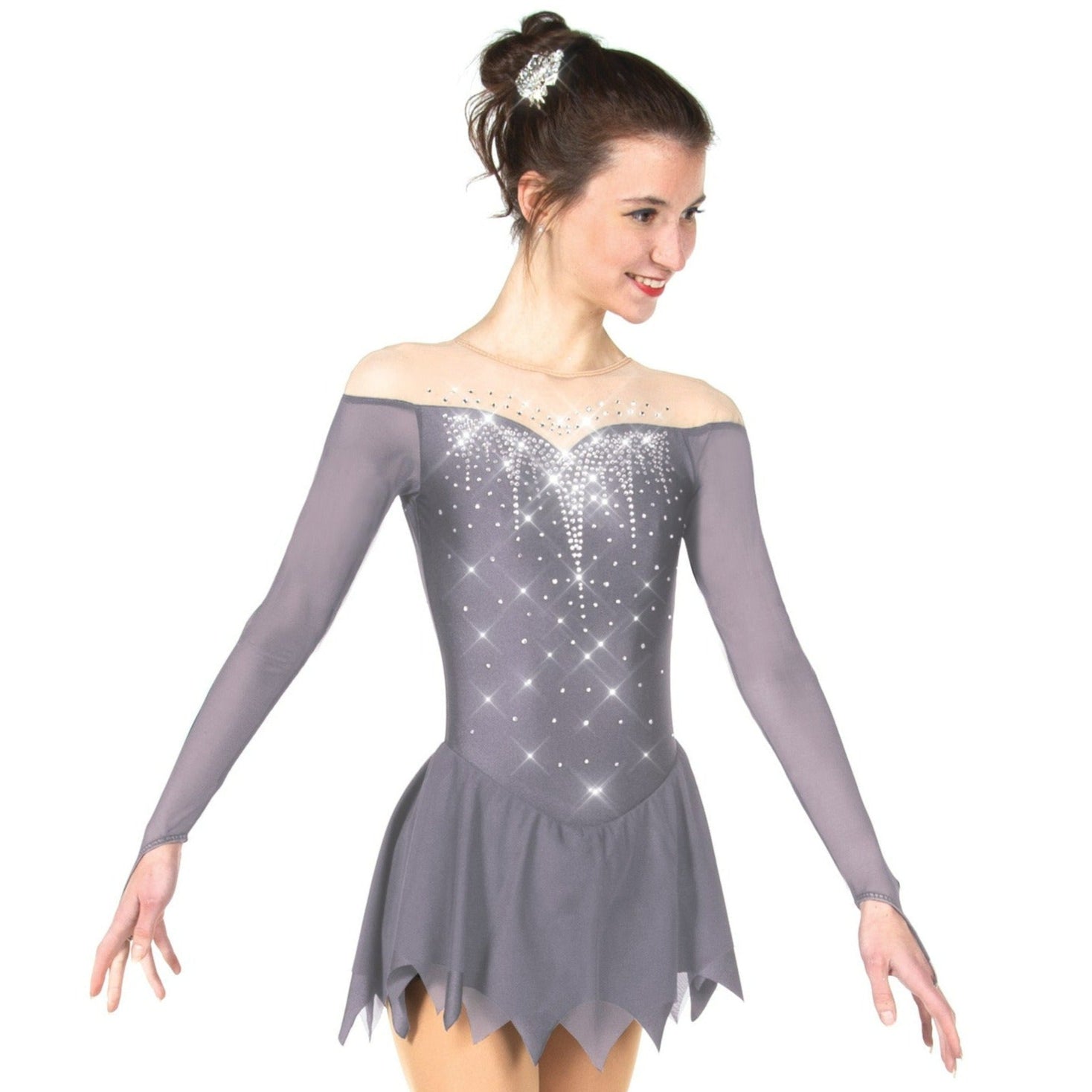 Silver figure skate dress with icicle hem and mesh sleeves