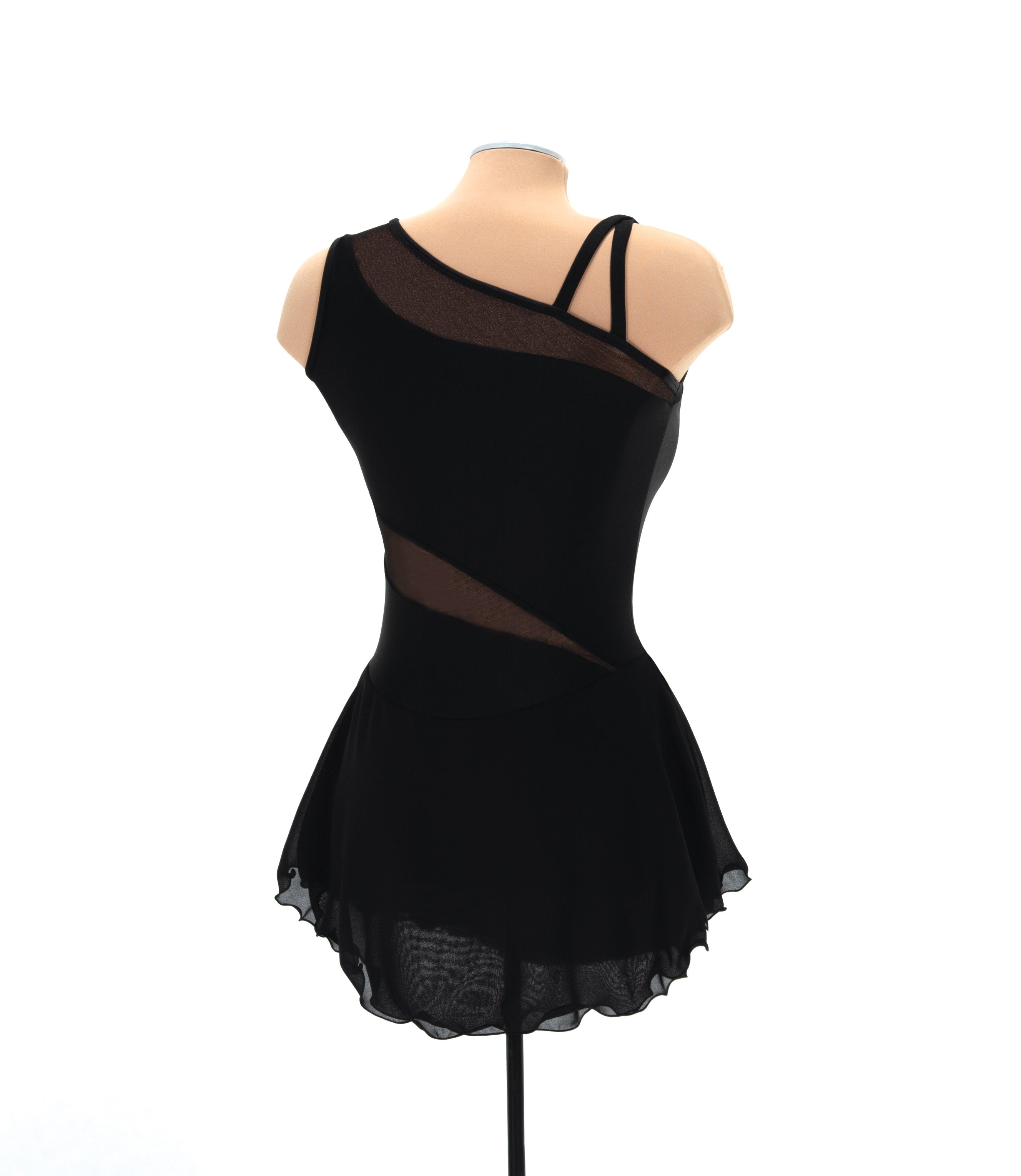 Black figure skate dress on mannequin, back view
