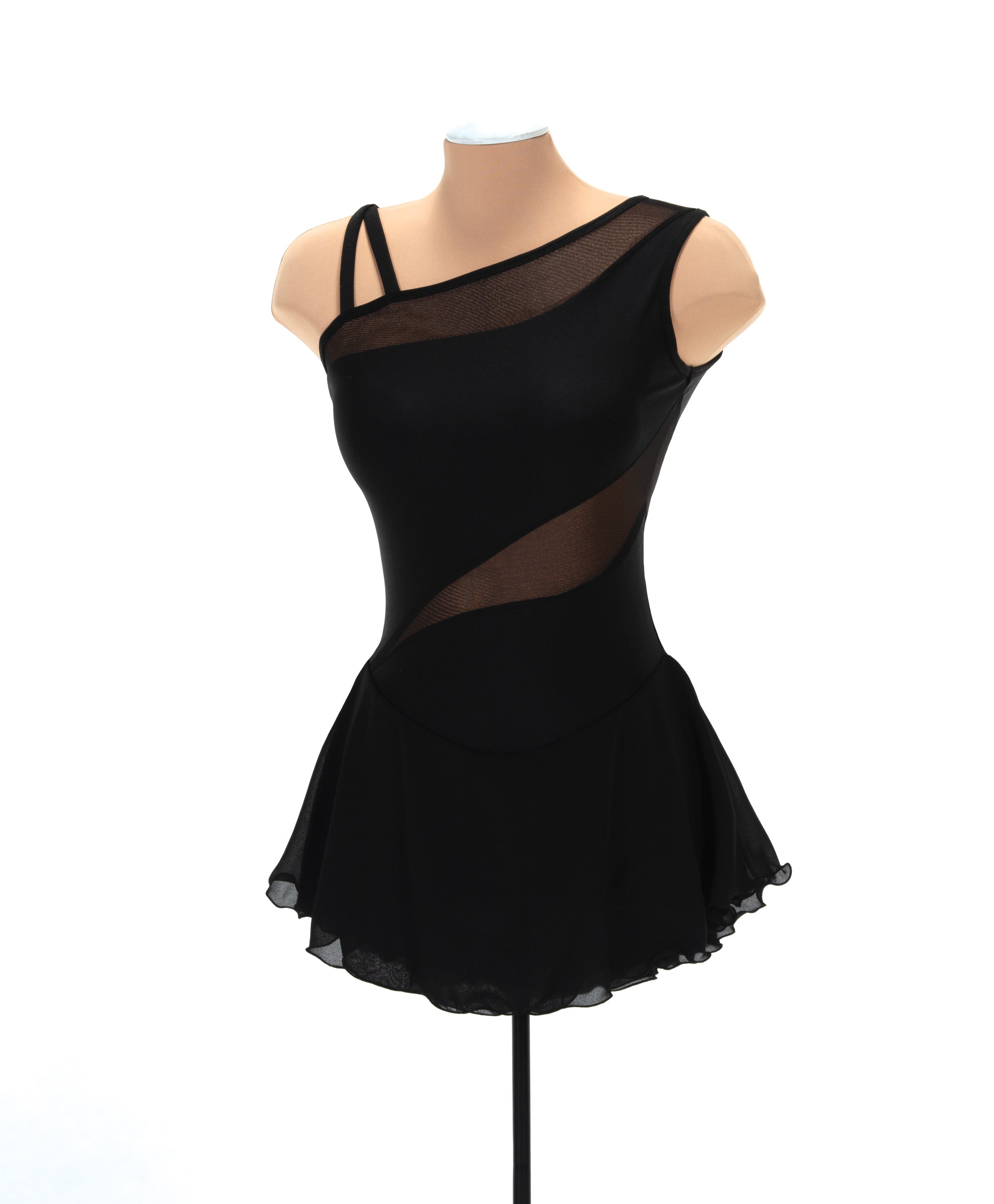 Black figure skate dress on mannequin, side view