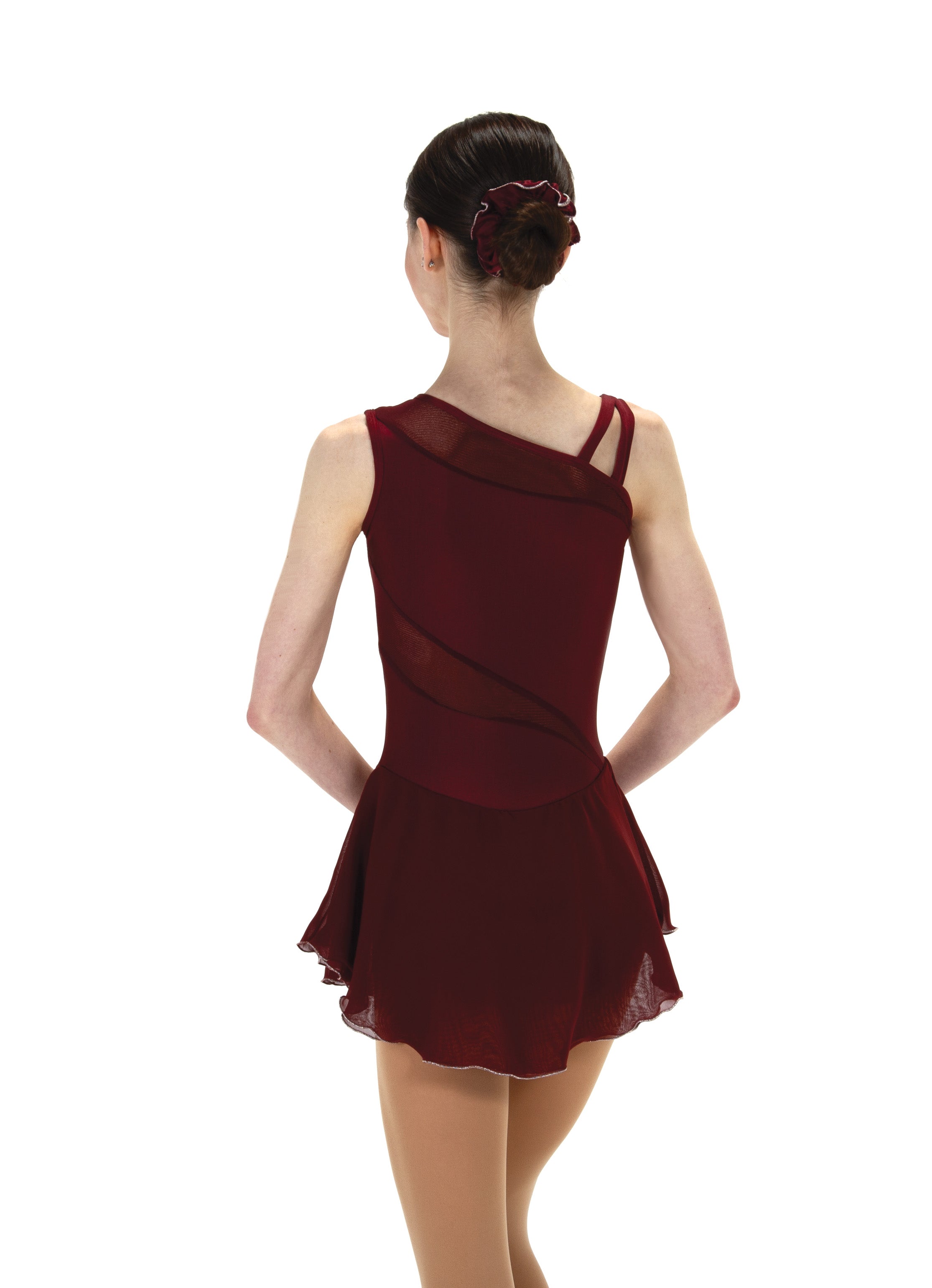 Wine figure skate dress with mesh inset, side back view