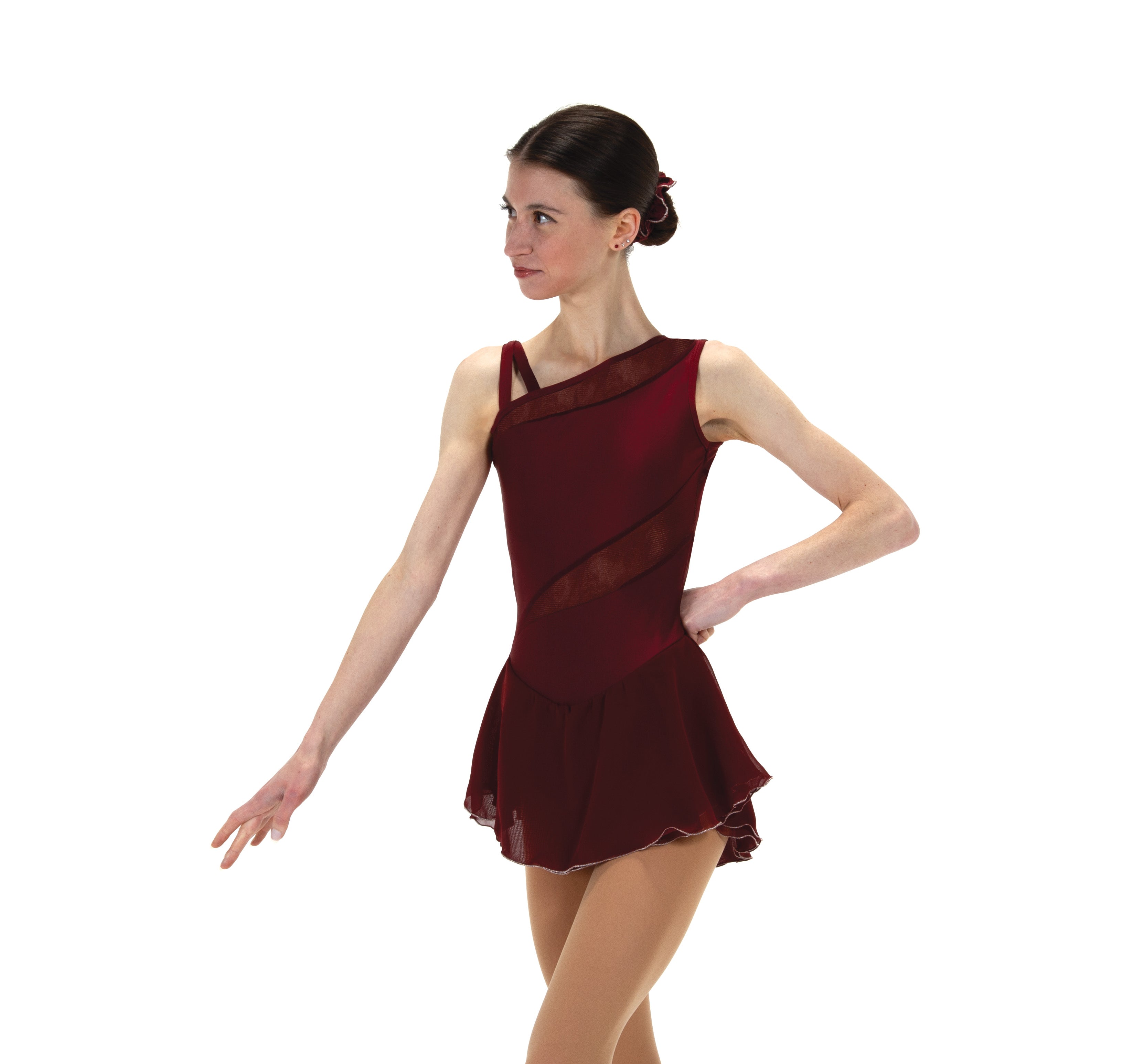 Wine figure skate dress with mesh inset, side front view