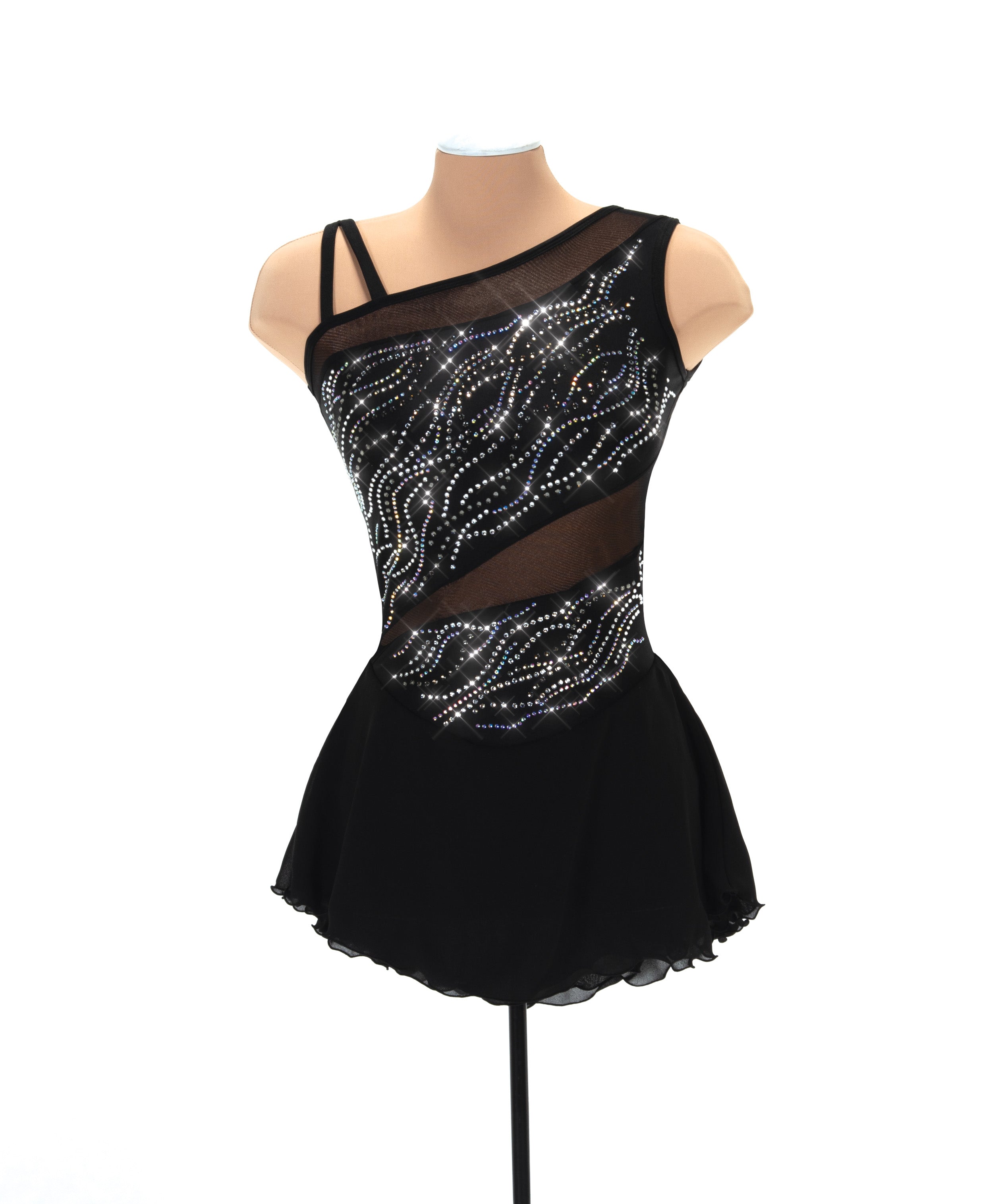 Black figure skate dress on mannequin, front view