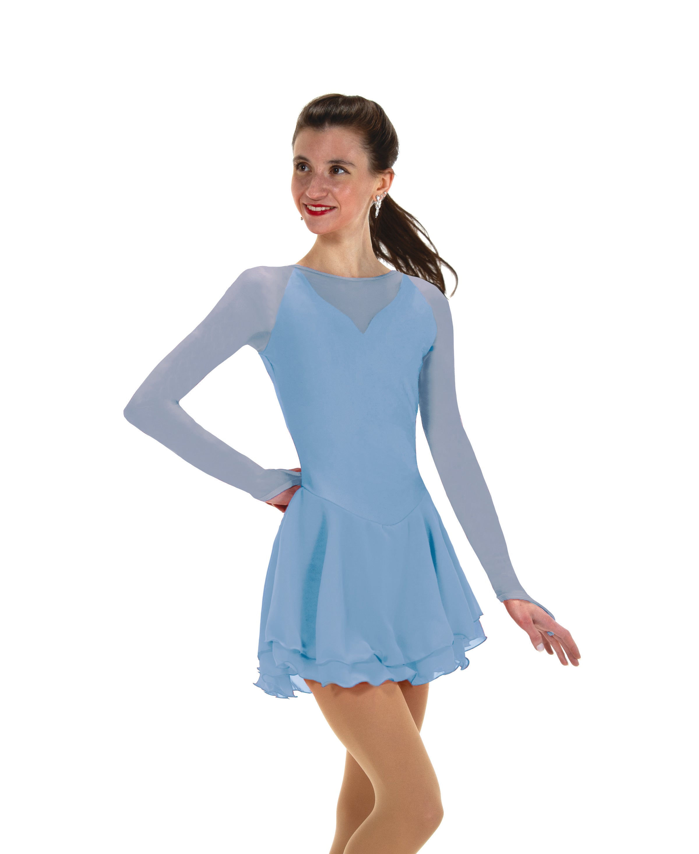 Elegant Crystal Blue figure skate dress with mesh sleeves