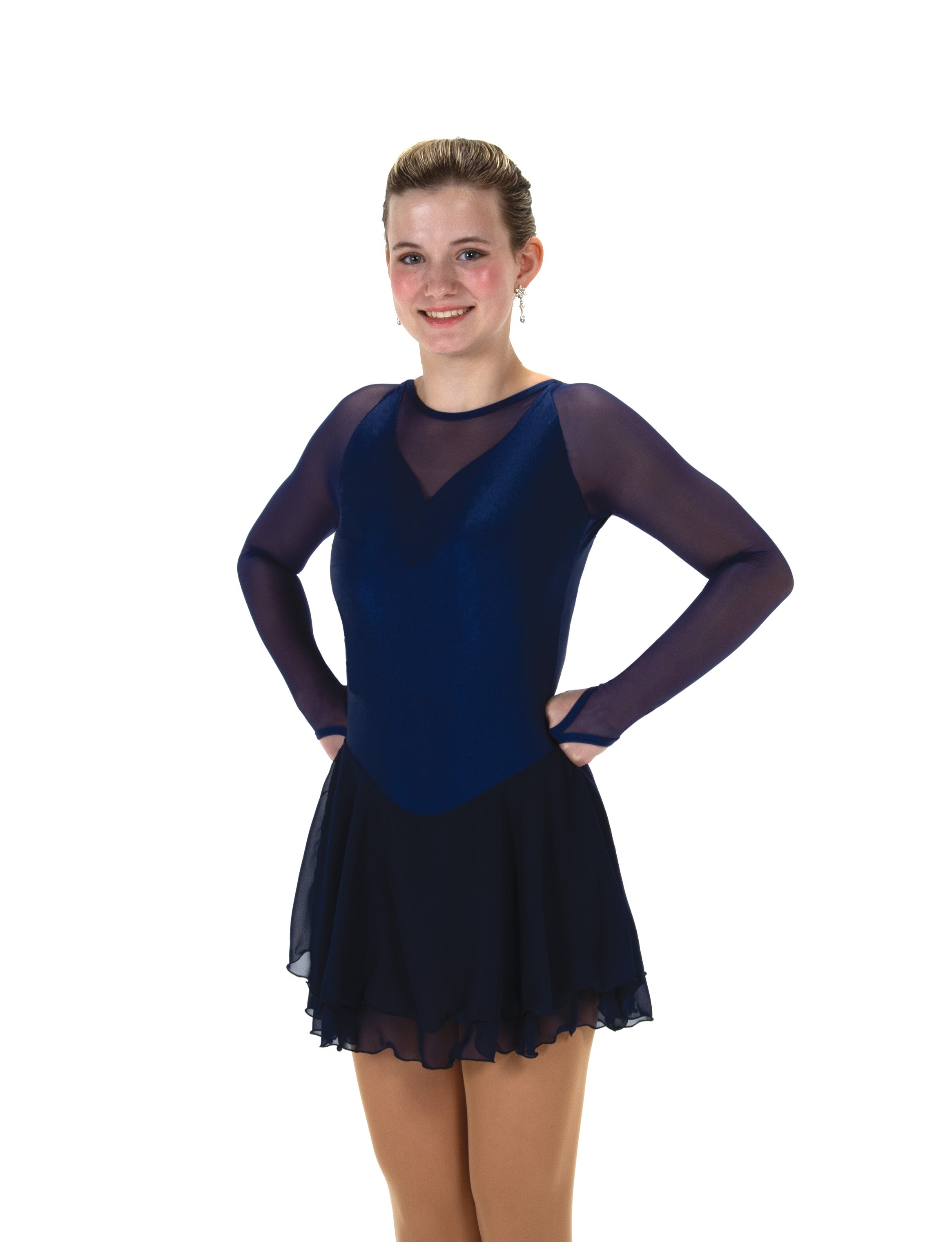 Navy figure skate dress with mesh sleeves, front view