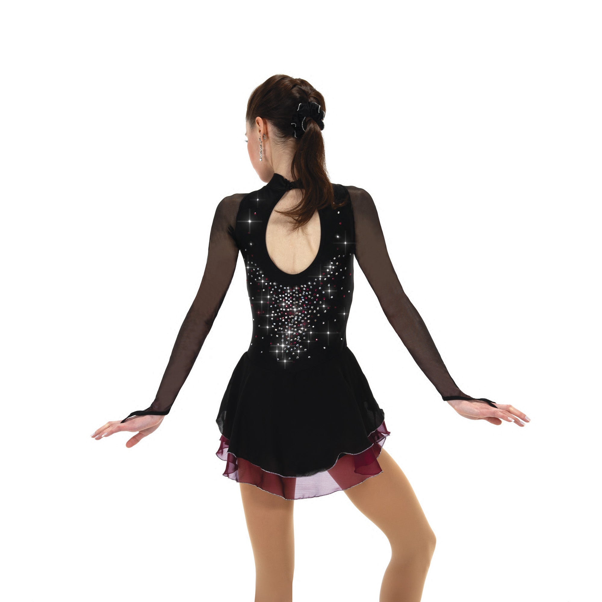Robe de patinage artistique F24022-G avec jupe décorative, grenat