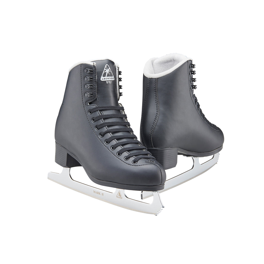 Jackson Classic 555 Youth Ice Skates in black with Ultima Mark II blades, ideal for beginner skaters seeking comfort and durability.