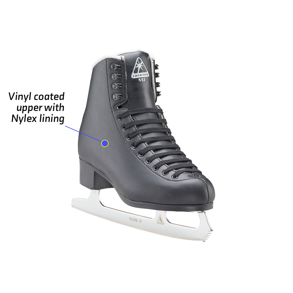 Jackson Classic 555 Youth Ice Skates featuring vinyl coated upper and Nylex lining, designed for beginner-level comfort and support.