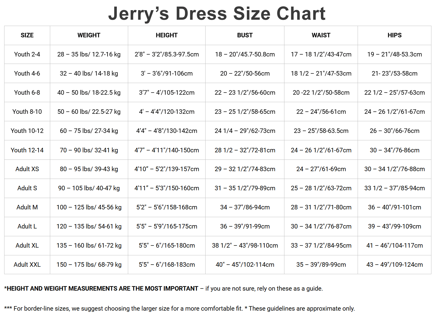 Jerry’s Dress Size Chart for Youth to Adult sizes, showing weight, height, bust, waist, and hips for accurate fit of dance and figure skate dresses.