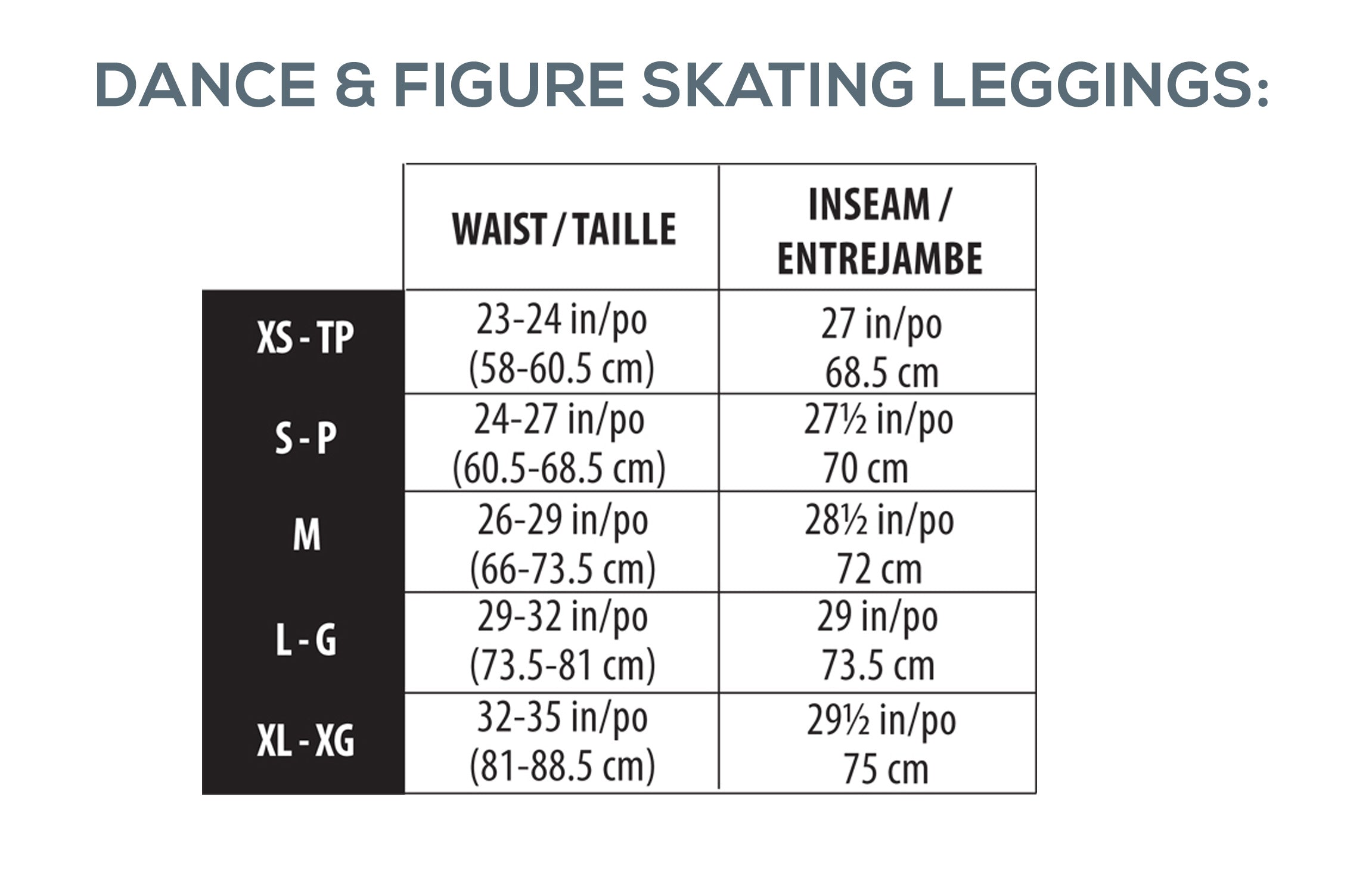 Size chart for dance and figure skating leggings