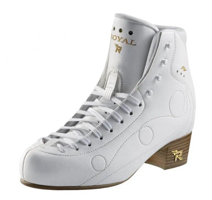 White Risport Royal Pro figure skate boot with gold logo detailing and reinforced ankle support for advanced figure skaters.