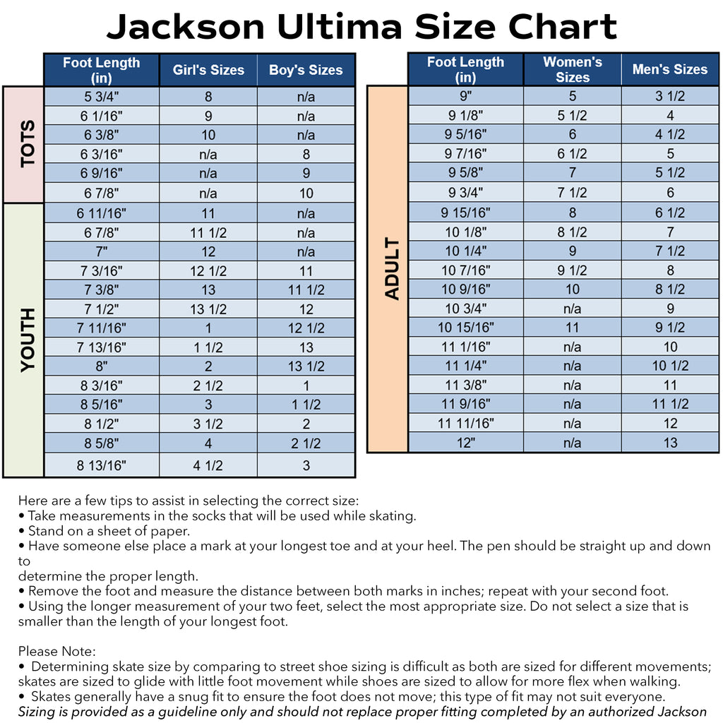Jackson Ultima size chart for youth, tots, and adult ice skates, helping customers choose the correct fit for Jackson Classic 555 Youth Ice Skates.