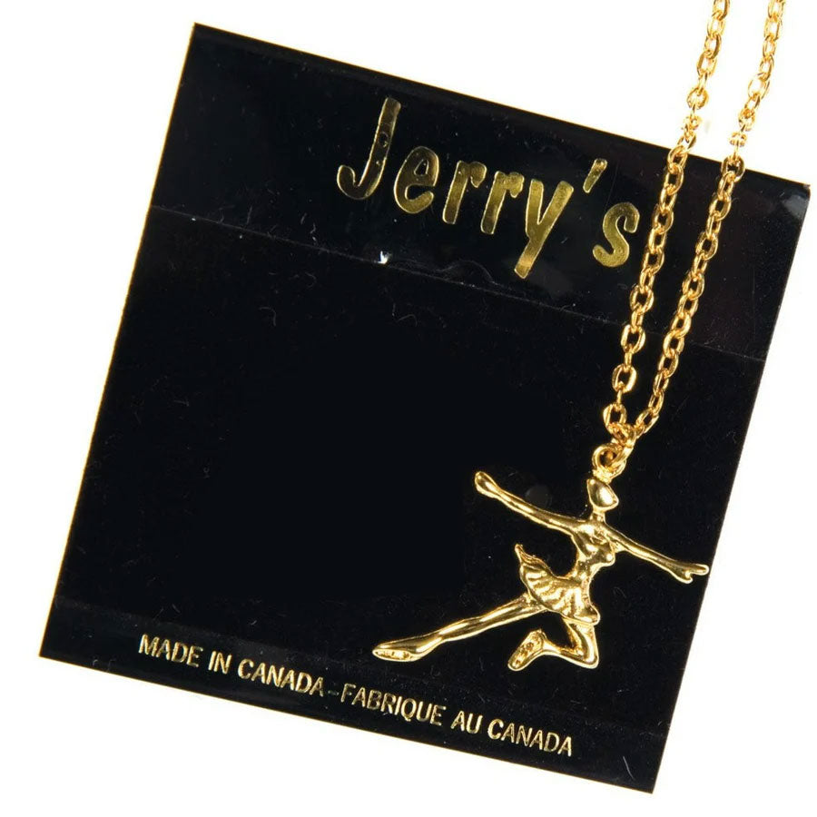 JR1209 Skater Necklace Gold features a gold-tone figure skater pendant on a chain, ideal for ice skating enthusiasts and stylish jewelry lovers.