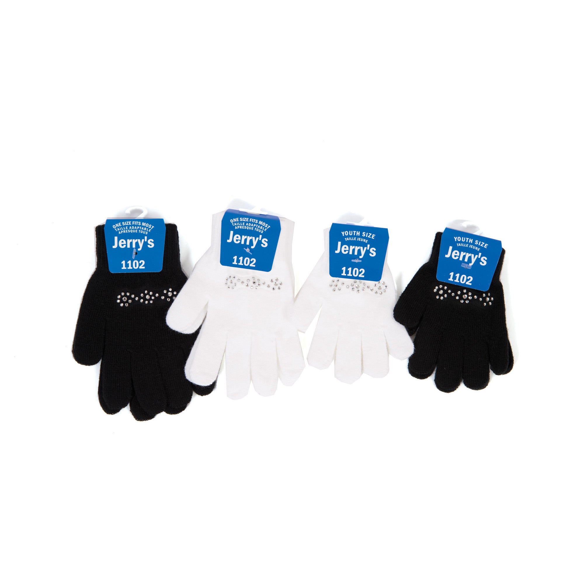 JR1102 Bracelet Gloves - Mini Gloves in black and white with rhinestone detailing, ideal for figure skating. Youth-sized ice skate accessories.