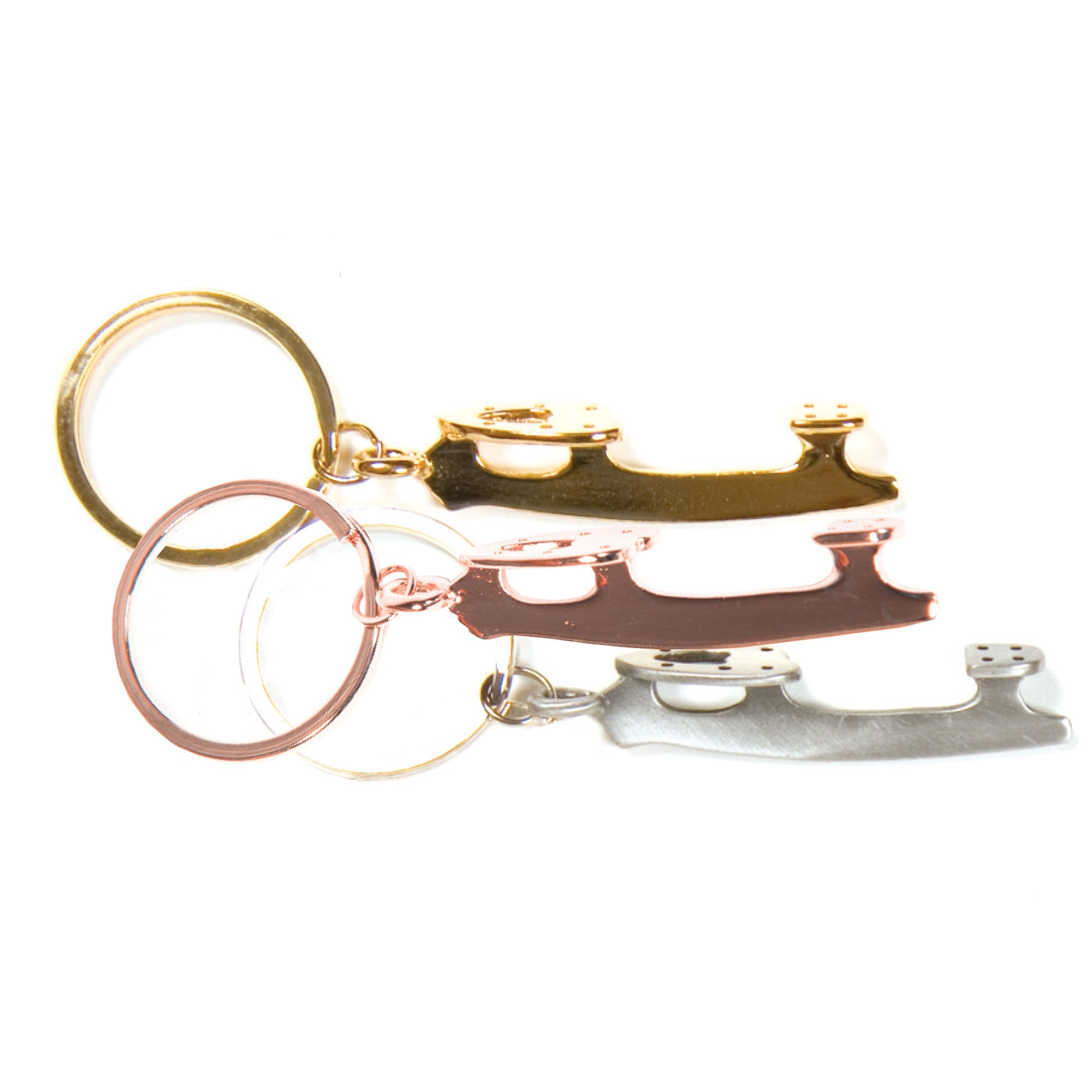 JR1201 Blade Keychain Zipper Pull in pewter, gold, and rose finishes shaped like figure skate blades. Ideal for bags or keys.