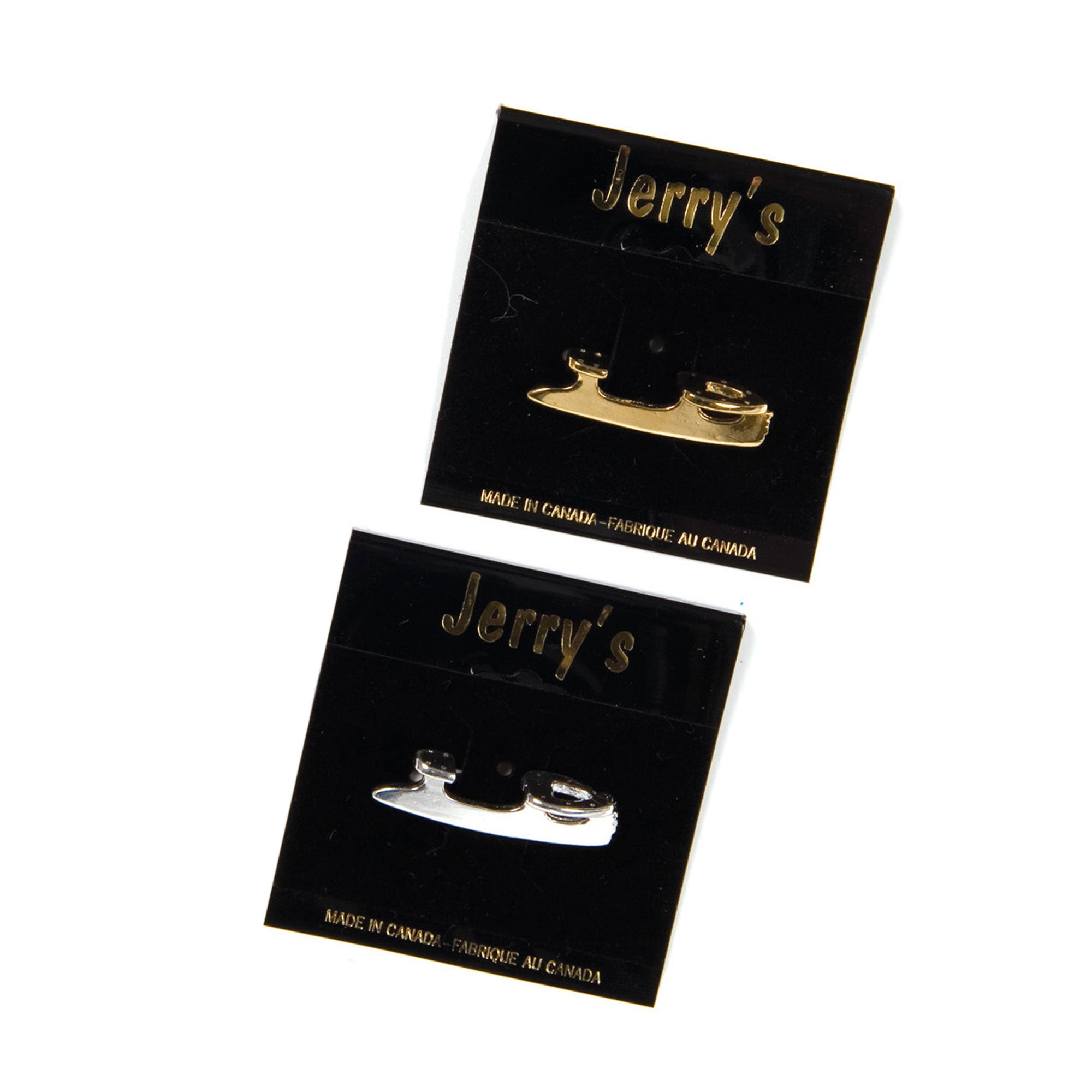 JR1202 Blade Pin Gold or Silver - Blade Pins | Durable & Stylish, featuring gold and silver figure skate-shaped lapel pins on black display cards.