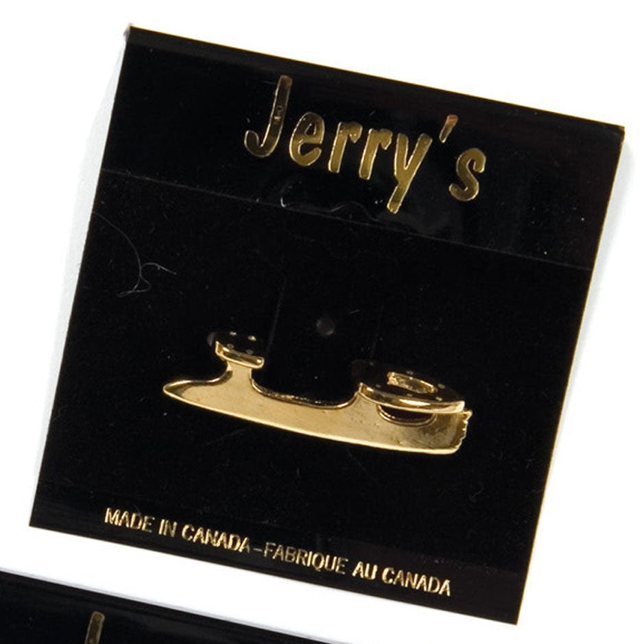 JR1202 Blade Pin Gold or Silver - Blade Pins | Durable & Stylish, featuring gold and silver figure skate-shaped lapel pins on black display cards.