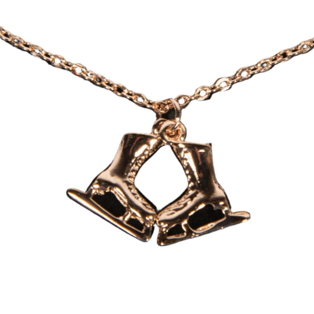 JR1203 Skate Jewelry Necklace in rose gold featuring detailed ice skate charms on a delicate chain. Ideal for figure skate jewelry lovers.