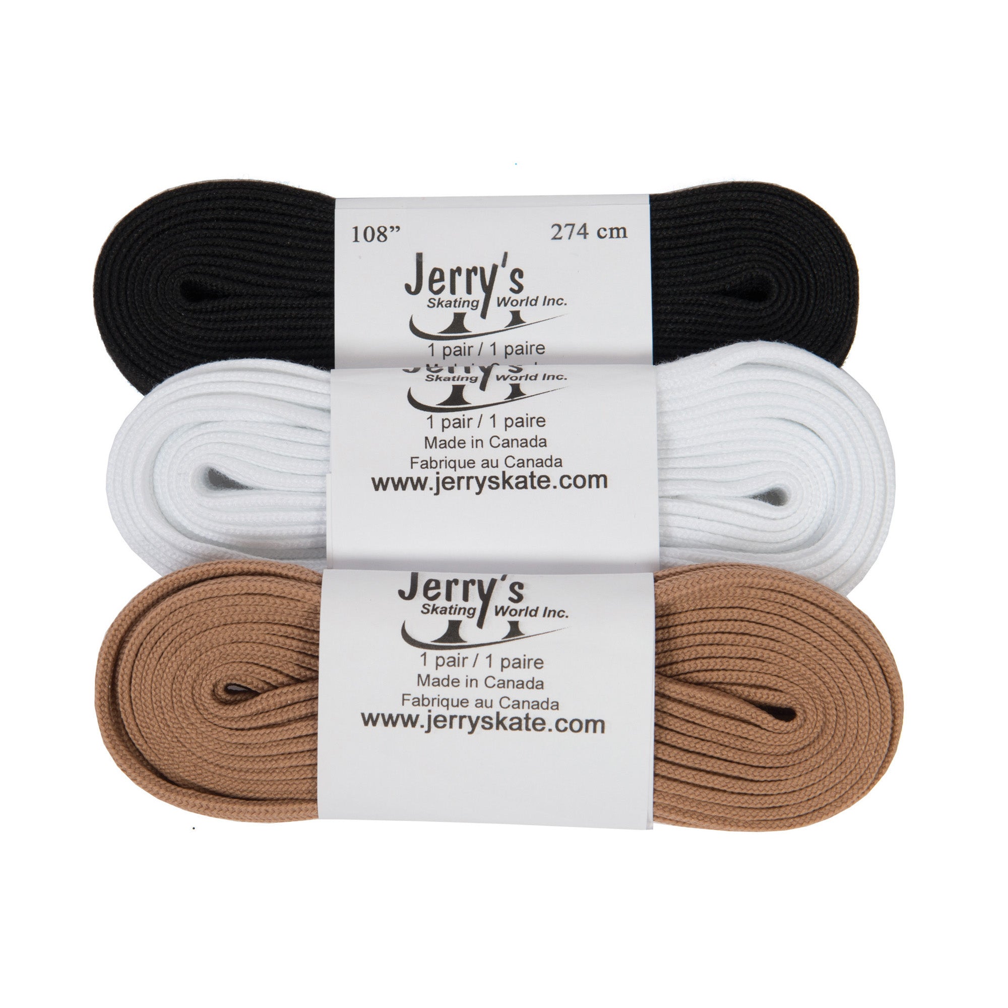 JR1204 Skate Laces - Strong and Durable in black, white, and beige, available in 108” length. Ideal for figure and ice hockey skates.