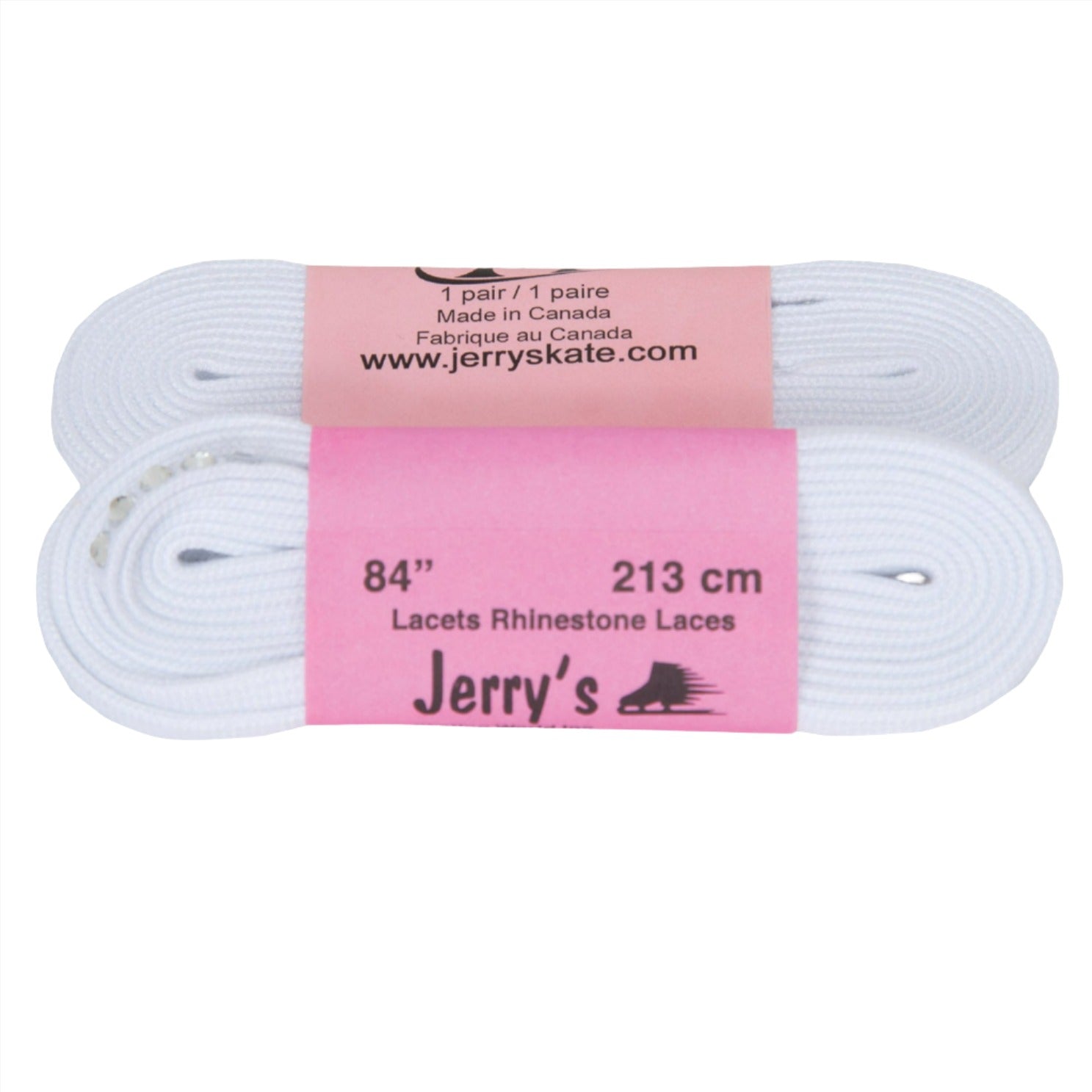 JR1205 Rhinestone Skate Laces in 84” length, classic white with embedded rhinestones. Premium ice skate accessory made in Canada by Jerry's.