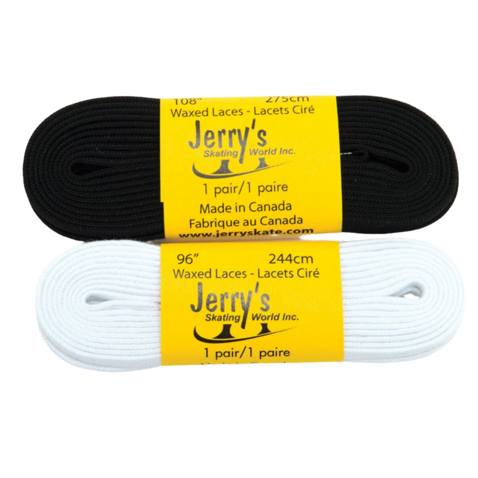 JR1206 Waxed Skate Laces in black and white, shown in 108" and 96" lengths. Durable shoelaces for figure and ice hockey skates.