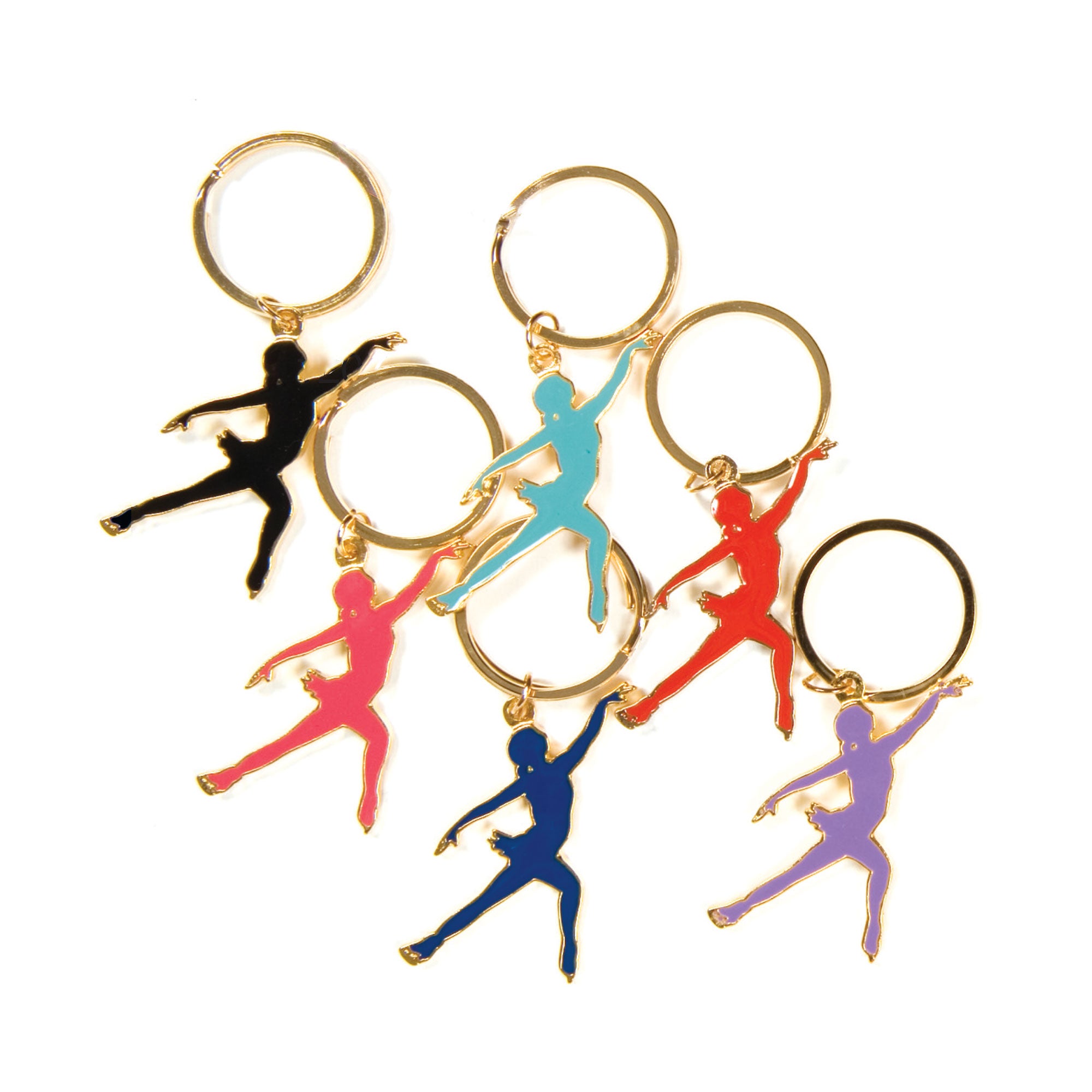 JR1207 Skater Keychain - Skateboard Keychain in assorted colors with gold rings, featuring figure skater silhouettes. Ideal for skate lovers.