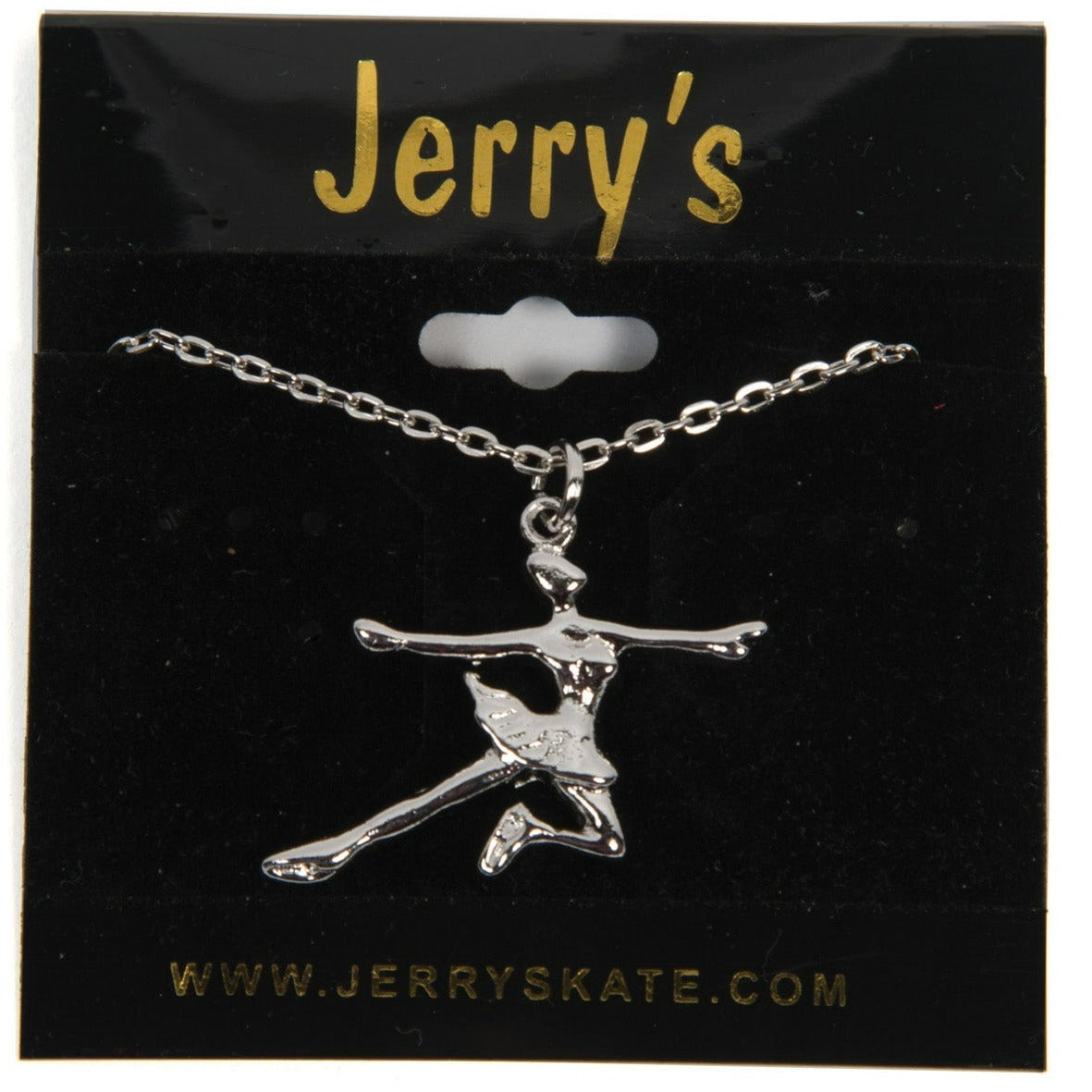 JR1209 Silver Skater Necklace featuring a figure skater pendant in mid-spin pose on a silver chain. Ideal ice skate jewelry for skating enthusiasts.
