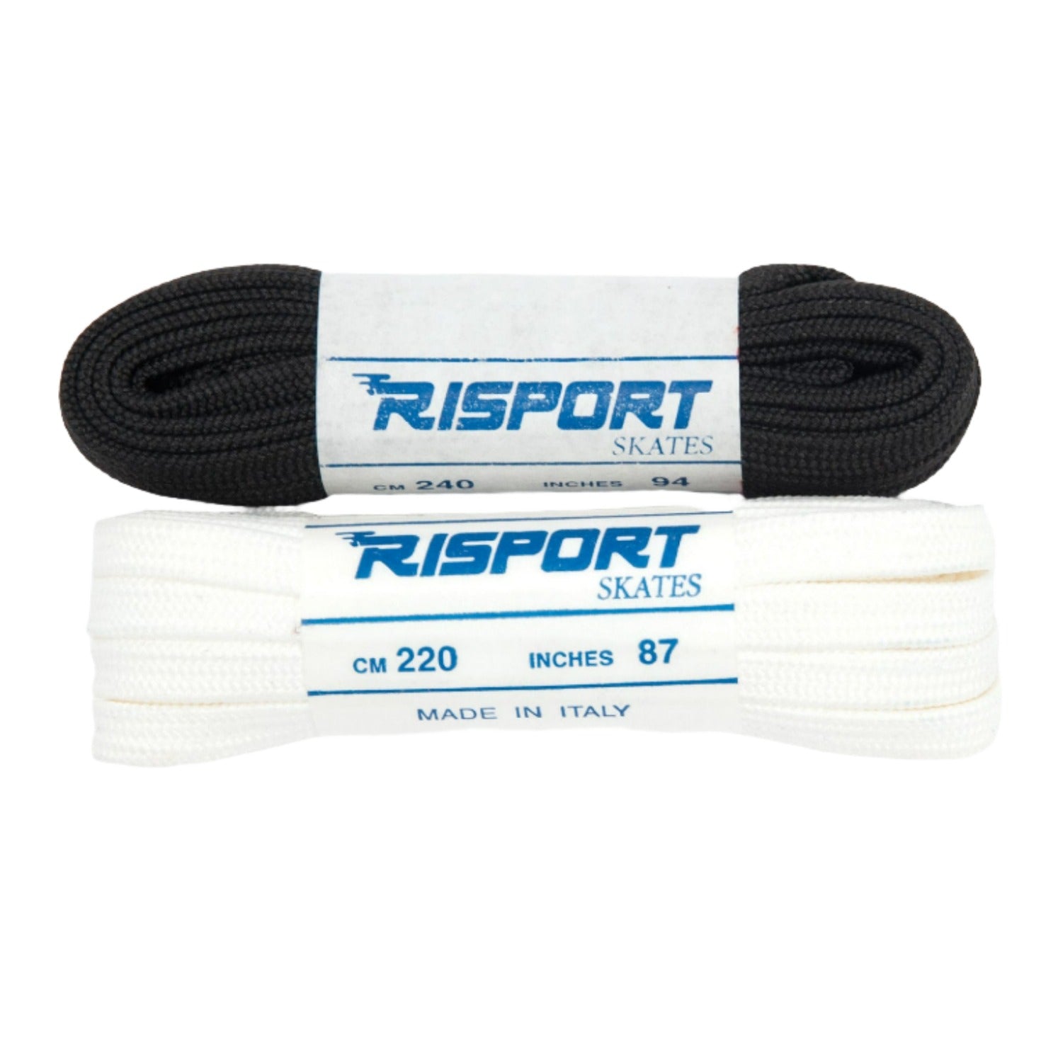 JR1220 Risport Laces in black and white, sizes 220 cm and 240 cm, ideal for figure skates. Made in Italy, durable ice skate accessories.