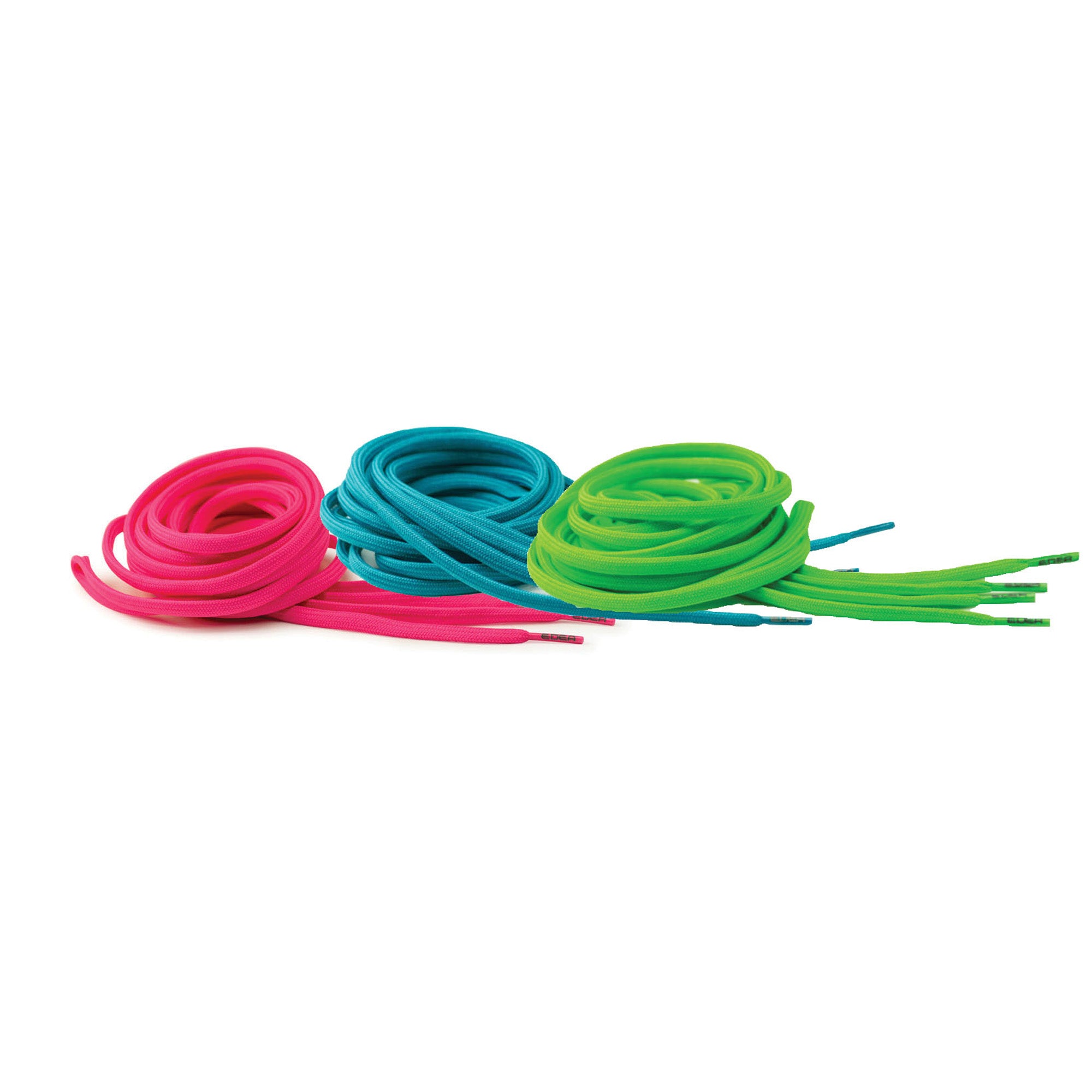 JR1229 Edea fluorescent laces in neon pink, blue, and green for ice skates. Available in 220-260 cm lengths for a vibrant, bold skating style.