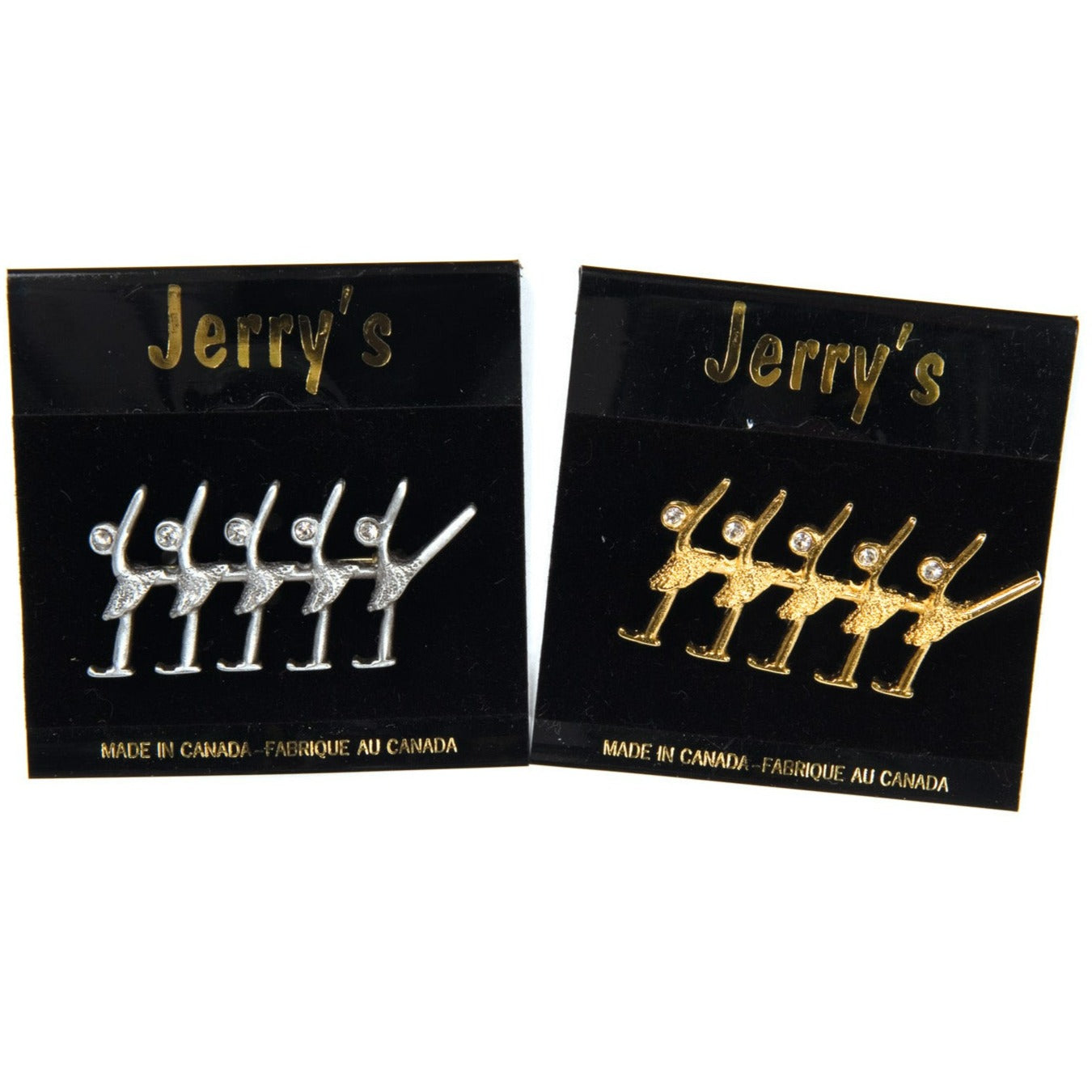 JR1297 Crystal Synchro Pin - Sleek Crystal Design in pewter finish featuring synchronized skaters. Elegant figure skate jewelry Made in Canada.