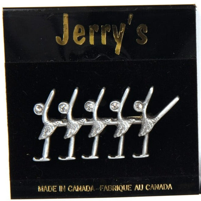 JR1297 Crystal Synchro Pin - Sleek Crystal Design in pewter finish featuring synchronized skaters. Elegant figure skate jewelry Made in Canada.