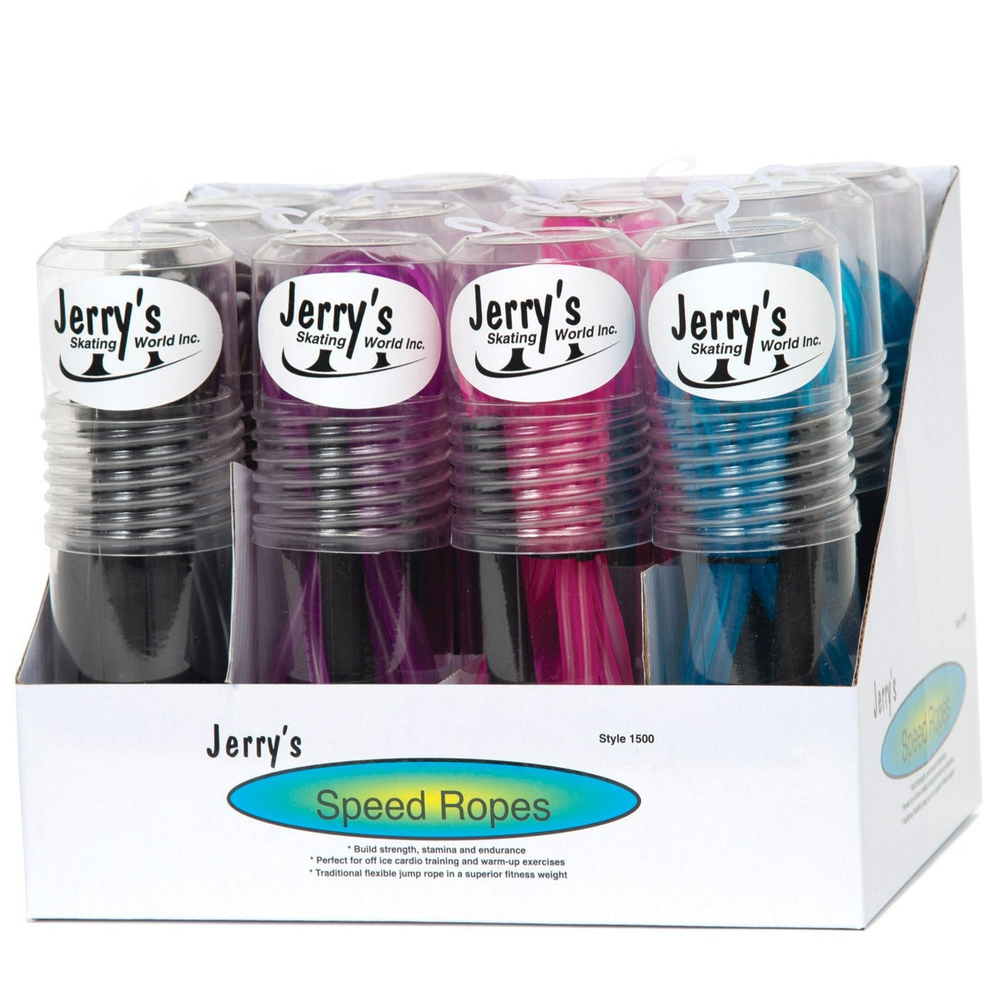 JR1500 Skipping Ropes - Colorful Skipping Ropes in a 12-pack display stand with individual cases. Ideal for building stamina in figure skating training.