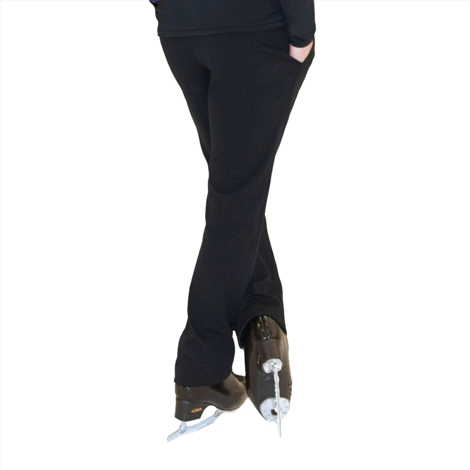 JR804 Mens Pocket Skating Pants - Comfortable Fit in matte black with side pockets, shown worn over figure skates for performance use.