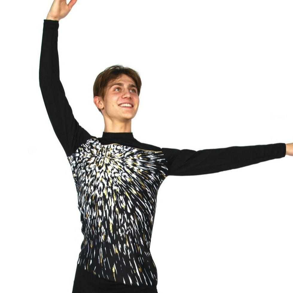 JR821 Mens Exploded Top with white and gold foil shards on black fabric. Long sleeve skating top with gold piping for bold fashion appeal.