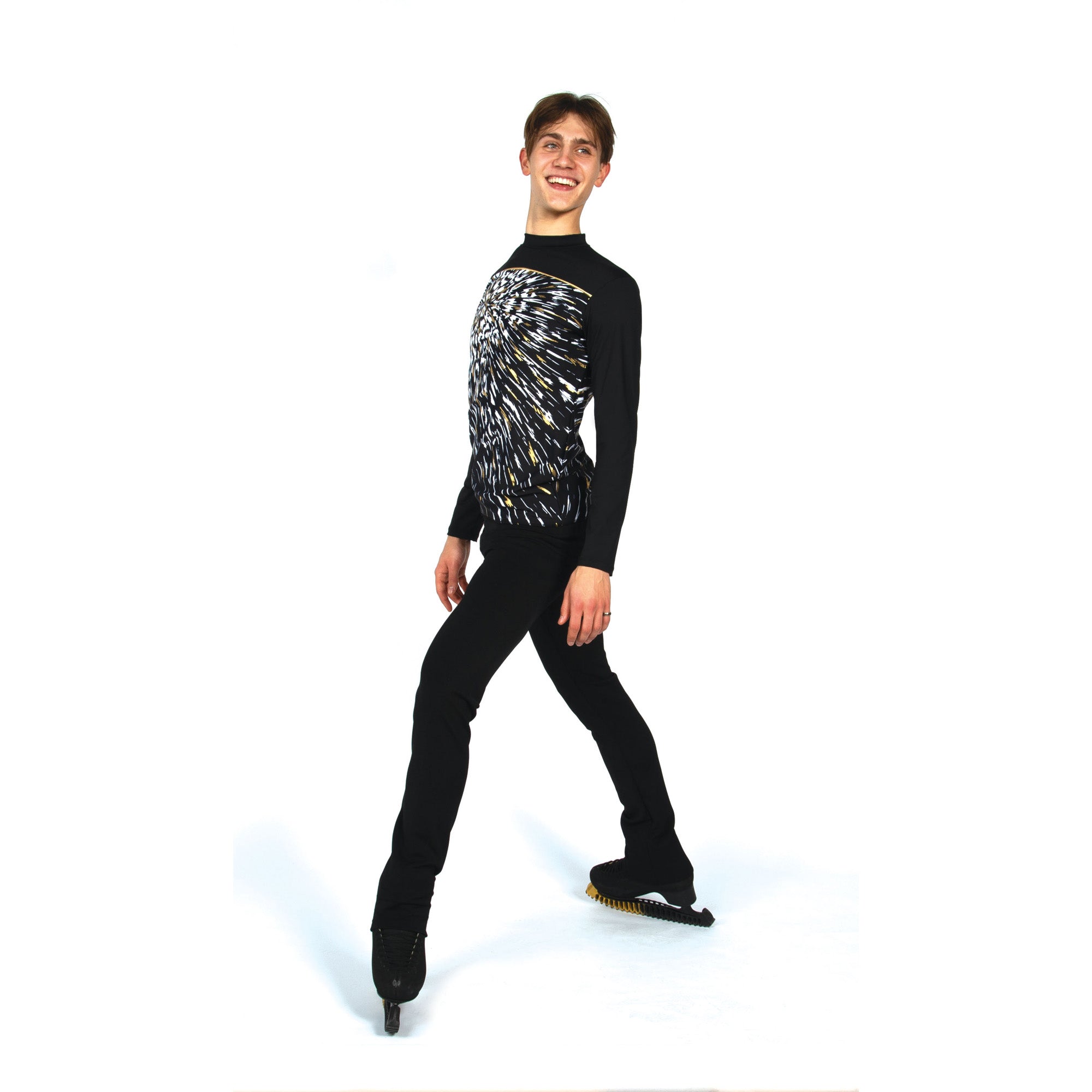 JR821 Mens Exploded Top in action, featuring dynamic foil burst design and sleek fit. Ideal for men's skating and competition wear in 2024.