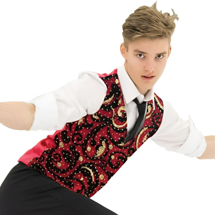 JR832 Red Carpet Vest for Men with glitter velvet front and satin back, styled with white shirt and black tie for skating performance.