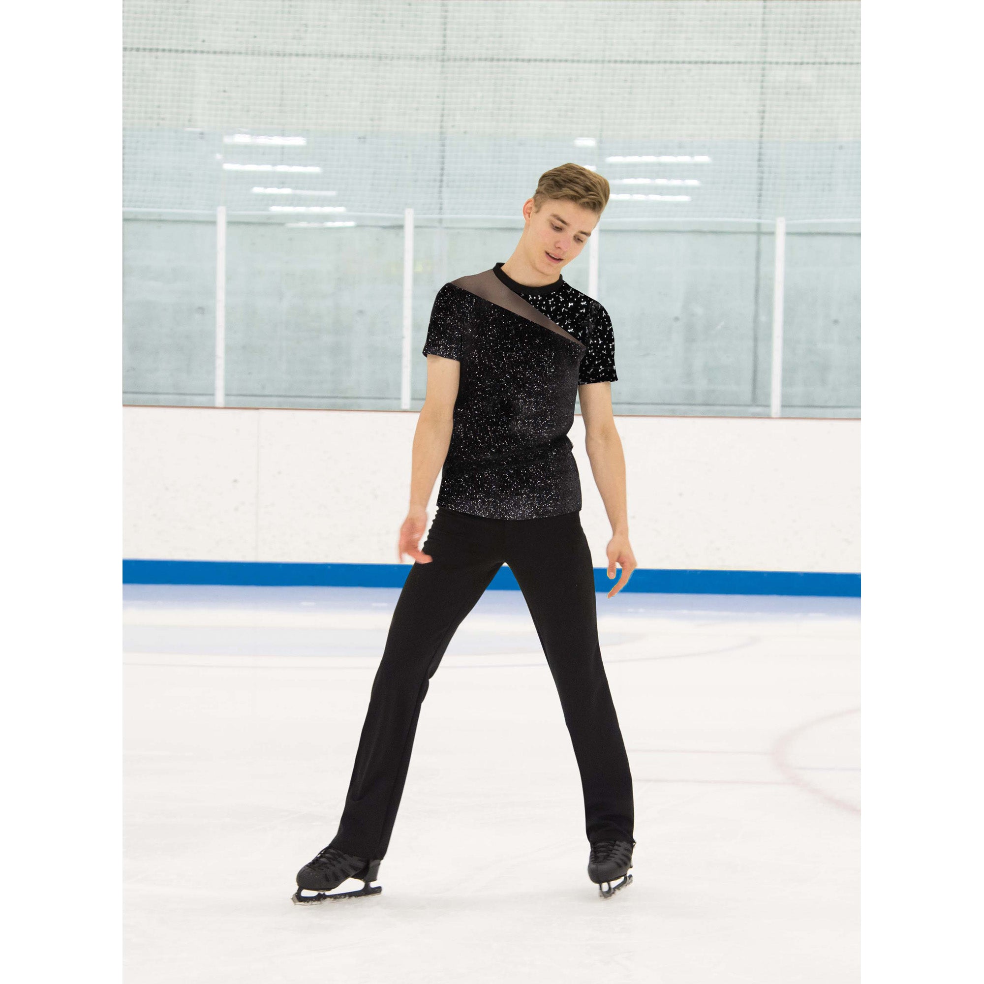 JR841 Mens Silver Slice Top for figure skating, featuring shimmering velvet and mesh detail, styled for competition on the ice rink.