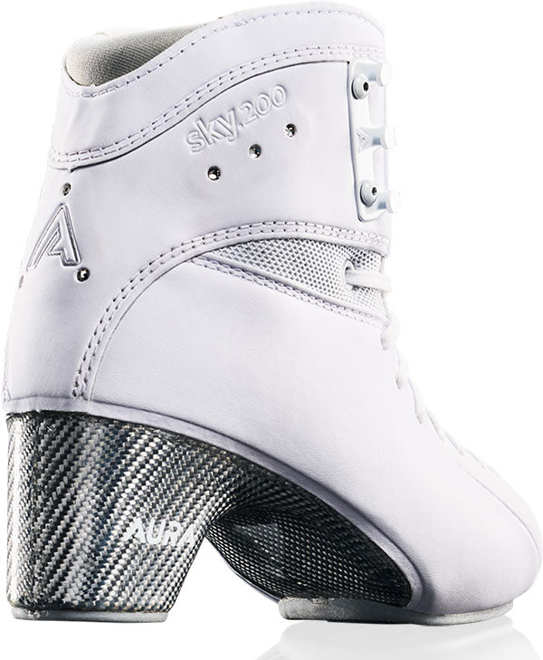 Rear view of Aura by TRUE Womens Sky 200 Figure Skate Boots showing SKY 200 branding and carbon fiber heel for lightweight support.
